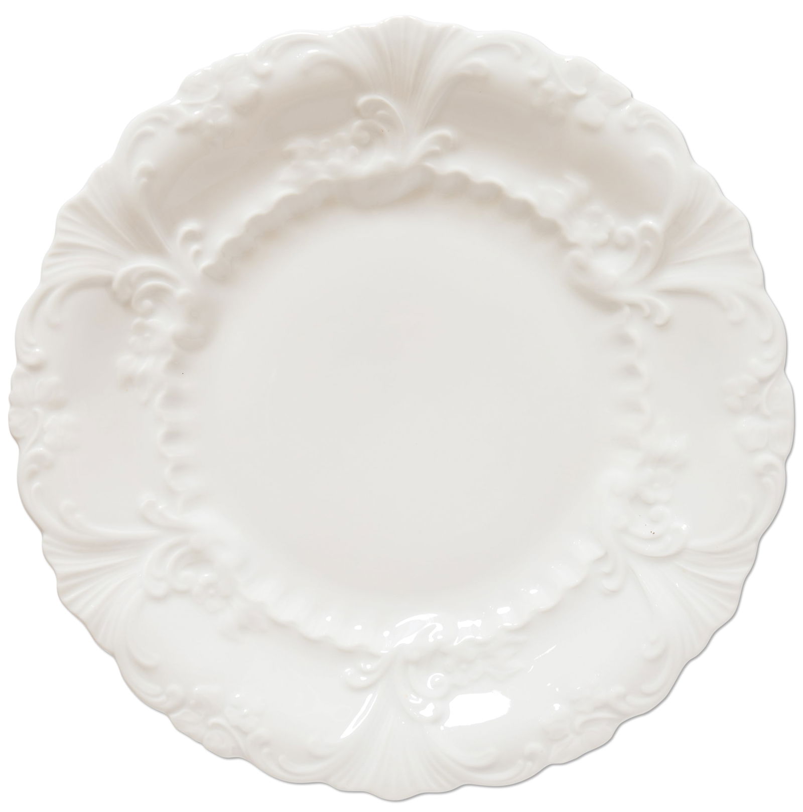 Ronald Reagan Porcelain Dinner Plate: Large dinner plate from the personal collection of President Ronald and Nancy Reagan, owned and used by them at their Bel Air, California home. Cream-colored plate measures 12'' in diameter, resemblin
