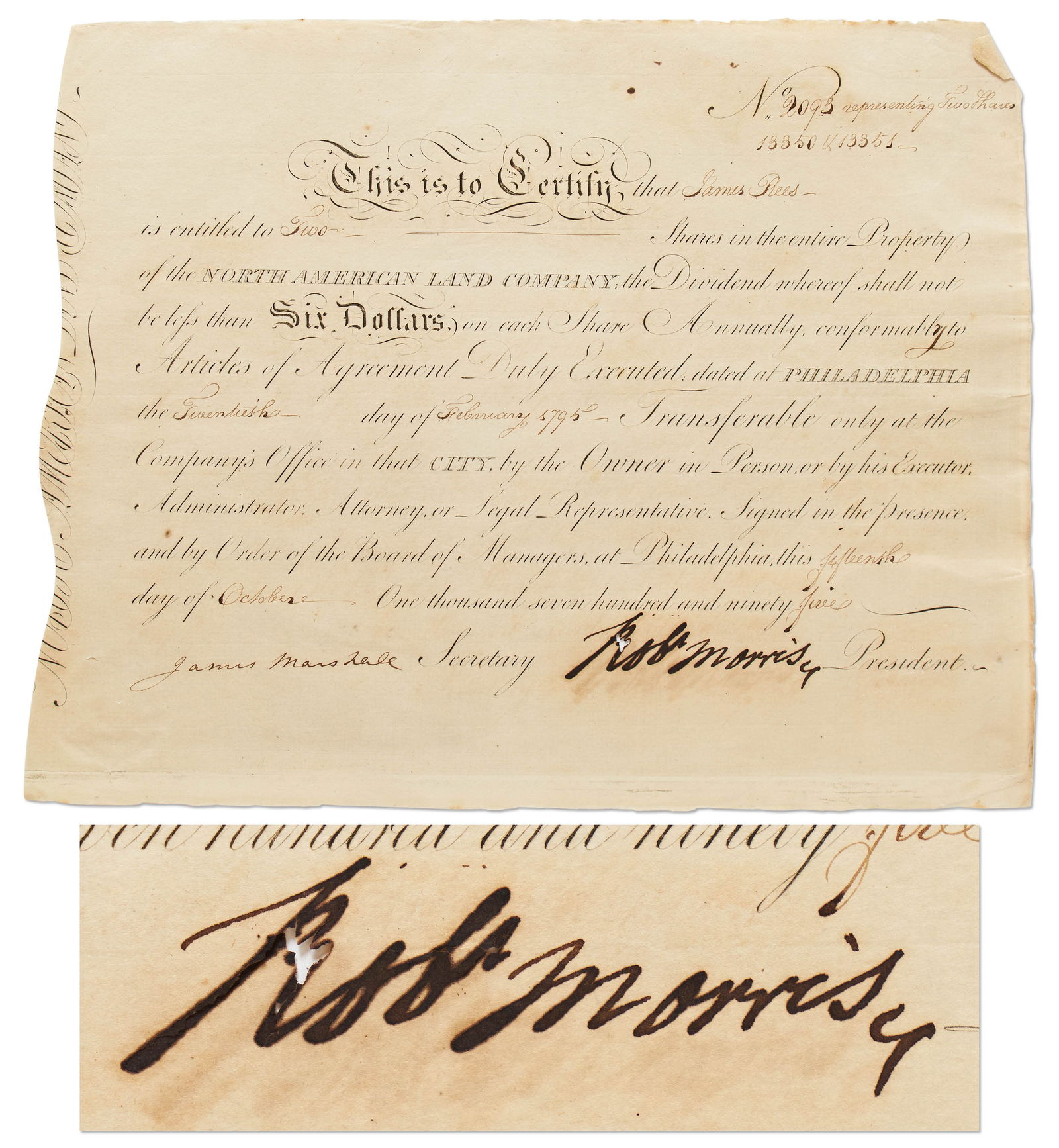 Robert Morris Document Signed: Robert Morris signed stock certificate for two shares in the North American Land Company, the speculative venture that put Morris, DOI signer and financier of the Revolutionary War, into debtor's pris