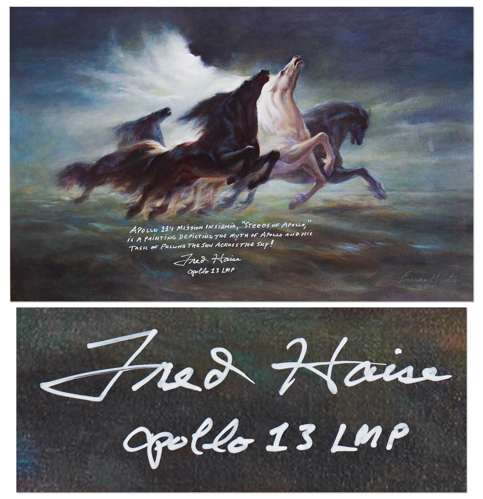 Fred Haise Signed Steeds of Apollo Photo: Fred Haise signed photo of ''Steeds of Apollo'' by Lumen Martin Winter, the artist who designed the Apollo 13 mission insignia. Stunning photo measures 20'' x 12.75'', signed by Haise in fine white fe