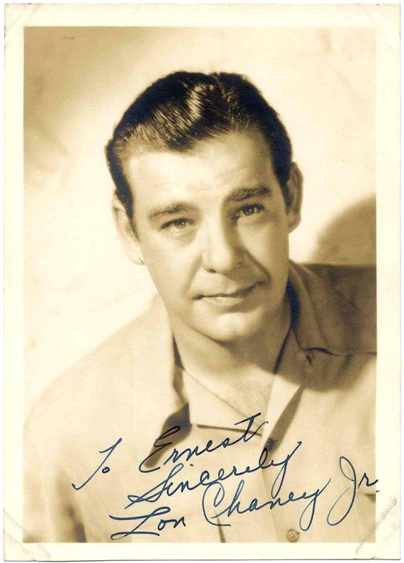 Signed Inscribed Lon Chaney Jr Photo Autograph: Signed and inscribed Lon Chaney, Jr. photo from 1941, dedicated by "The Wolfman" star to Ernest "Lone Eagle" Hack, a prominent collector of 1930-40's Hollywood memorabilia. Vintage sepia matte-finish