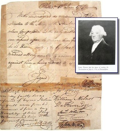 Document Signed Robert Morris Declaration Independ: One page recommendation for Richard Newton due to falling into poverty. Attested to by nine prominent citizens of Philadelphia, document signed by: Clement Biddle, Quaker Medic Colonel, McCall, Robert