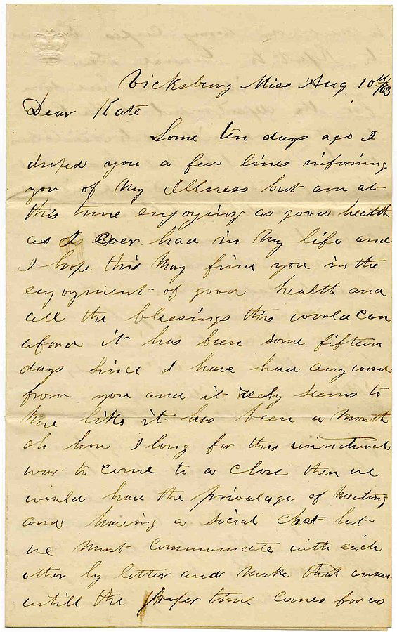 Civil War Soldier Letter Signed ALS Vicksburg: CW correspondence by Union soldier David Scott, 8th Indiana Regt. from Vicksburg to his future wife Kate Missimer in Jersey Shore, PA. In his 10 August 1863 letter, Scott describes the current status