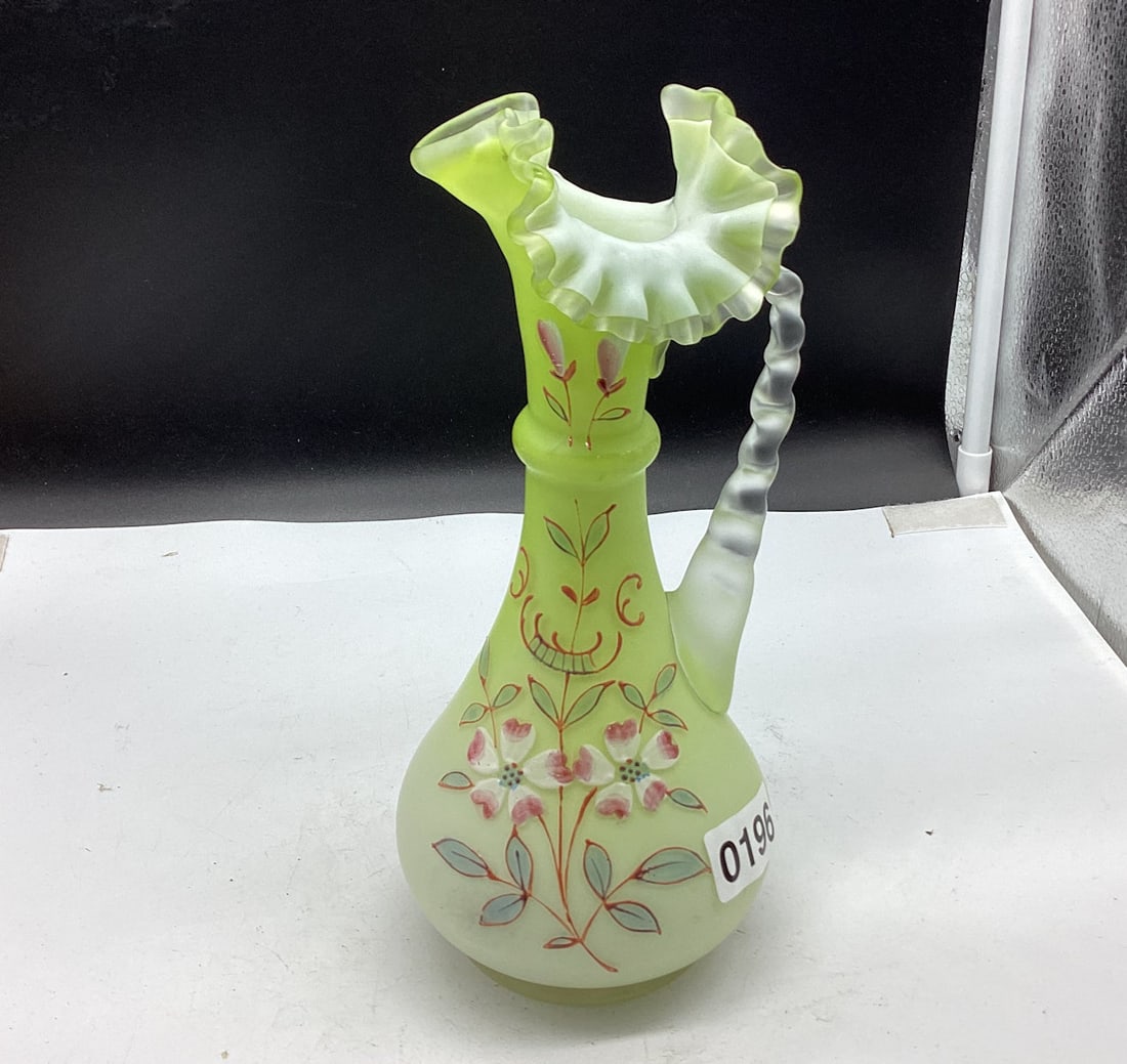 VICTORIAN SATIN PITCHER HAND PAINETED ENAMEL FLOWERS HAND BLOWN: 9" TALL GOOD SHAPE