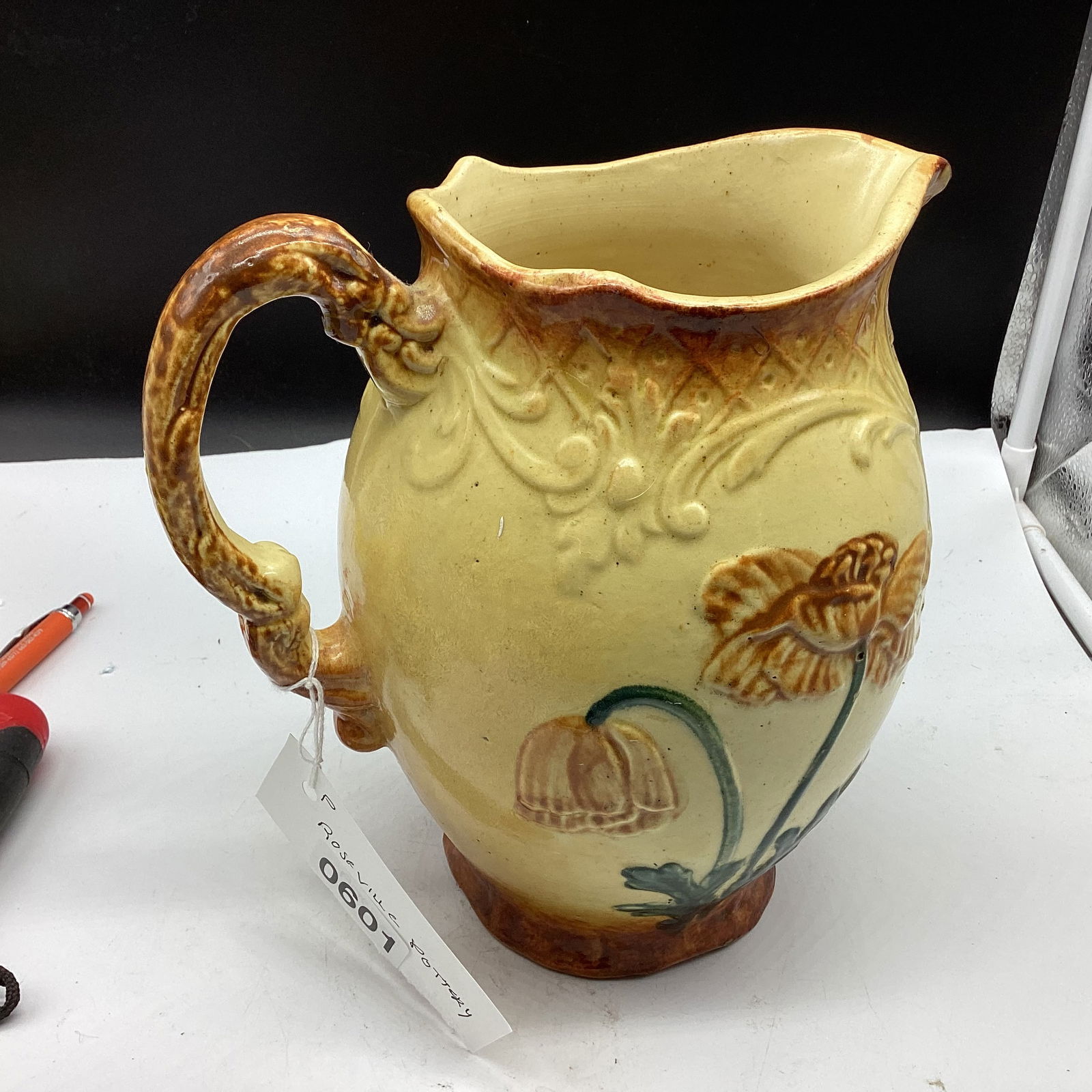 VINTAGE H T F ROSEVILLE ART POTTERY POPPY PATTERN LARGE PITCHER (1 of 1)