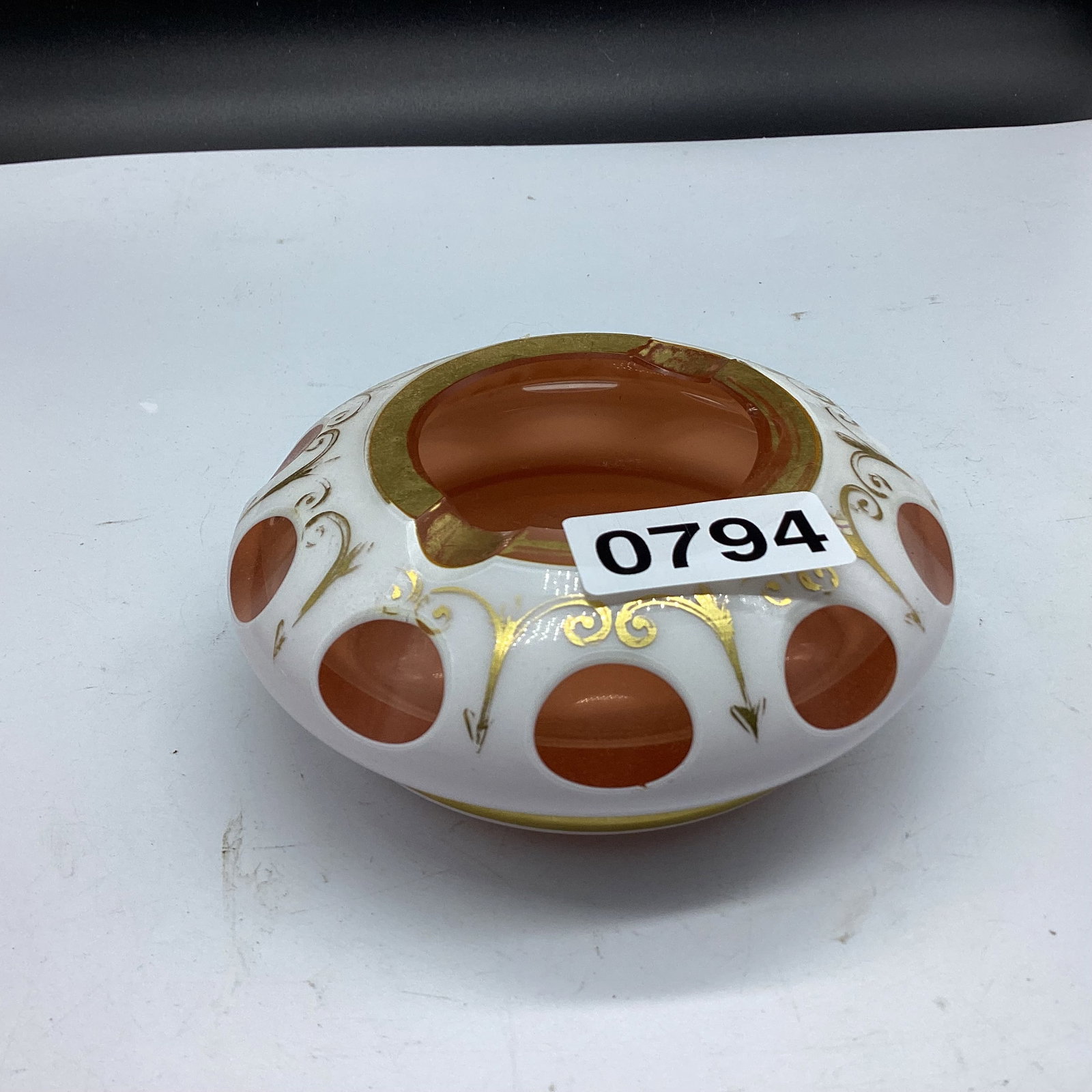 BOHEMIAN CZECH CASED WHITE OVER AMBER ASH TRAY: 2" X 5" GOOD SHAPE