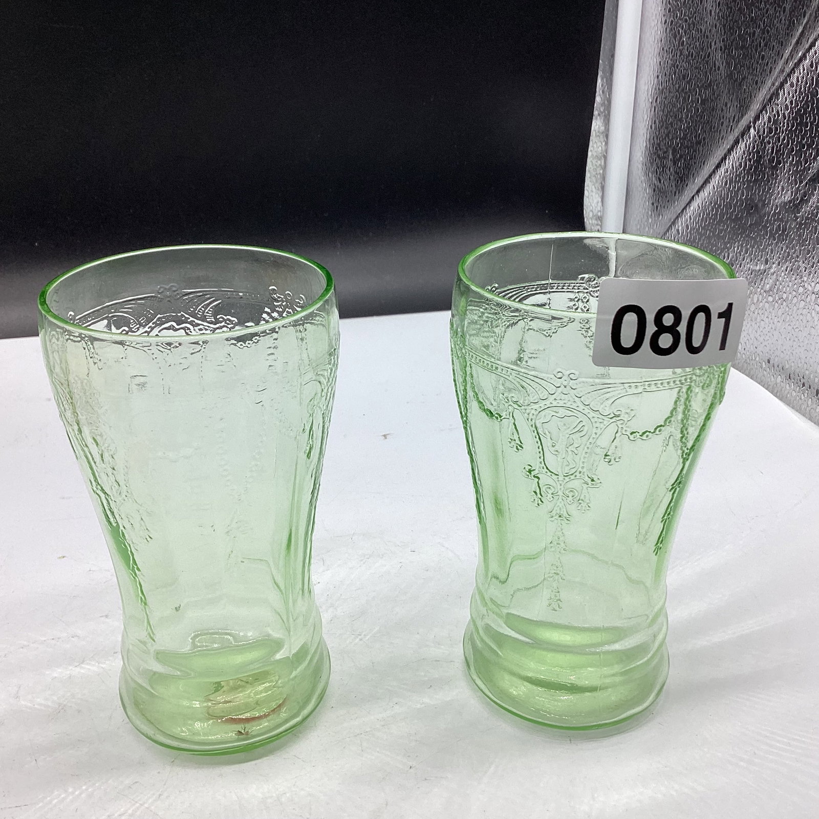 2 DEPRESSION CAMEO URANIUM GLASS WATER TUMBLERS: 5" TALL GOOD SHAPE