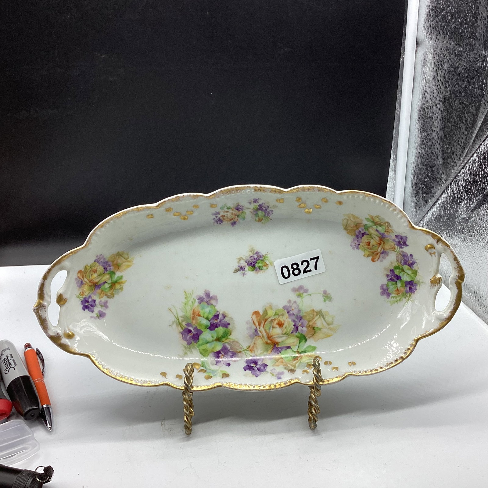 HAND PANTED PORCELIAN CELERY DISH LIMOGE FRANCE: 6 1/2 X 13 GOOD SHAPE