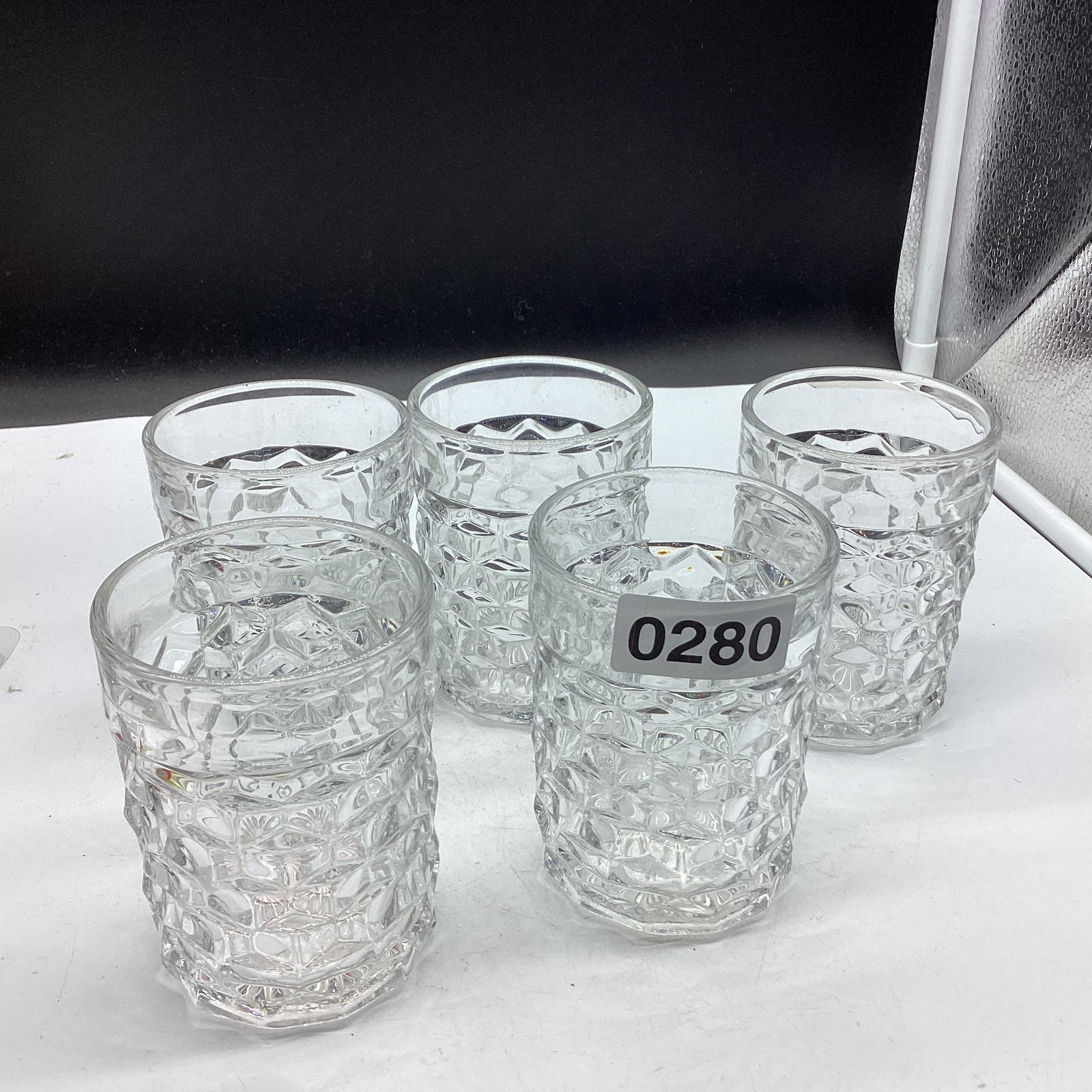 5 AMERICAN FOSTORIA FLST TUMBLERS: 4" TALL GOOD SHAPE