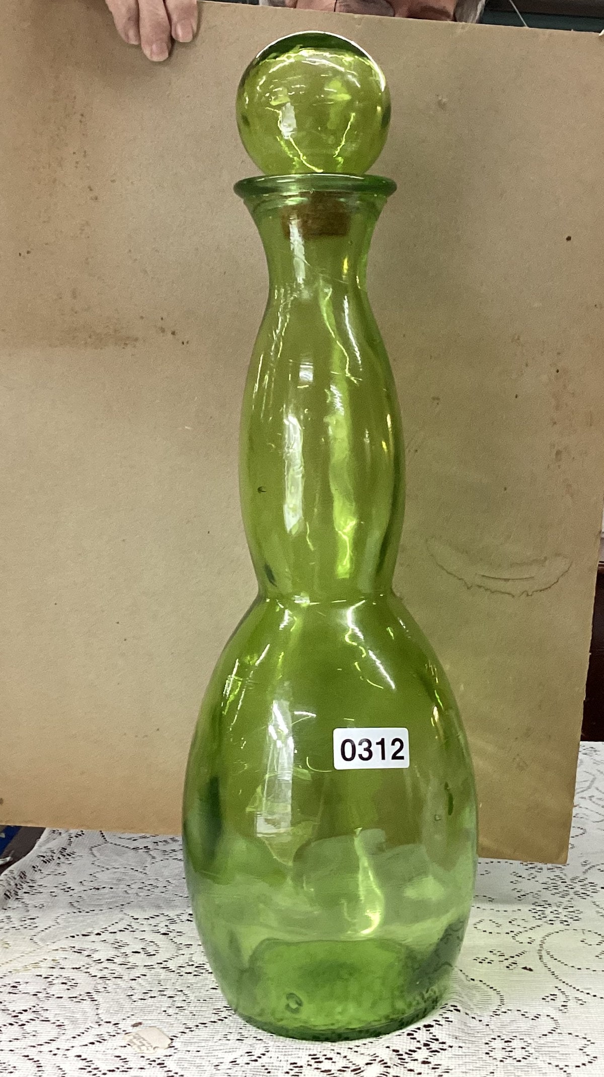 LARGE OLIVE GREEN GLASS MOLD BLOWN BULBOUS DECANTER W/CORK STOPPER: 20" TALL GOOD SHAPE