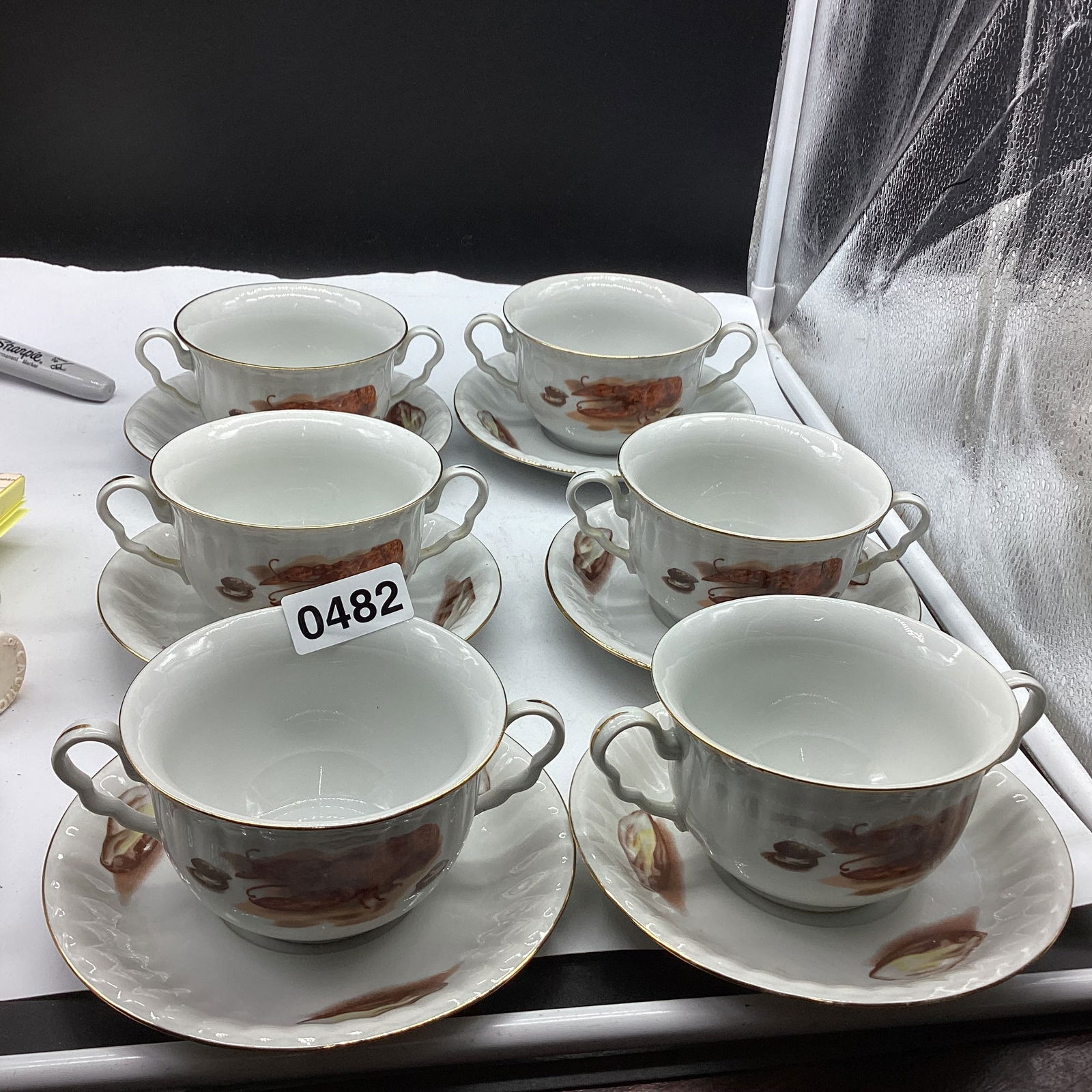 6 PORCELIAN HANDLED CREAM SOUP BOWLS & PLATES MADE IN POLAND: GOOD SHAPE