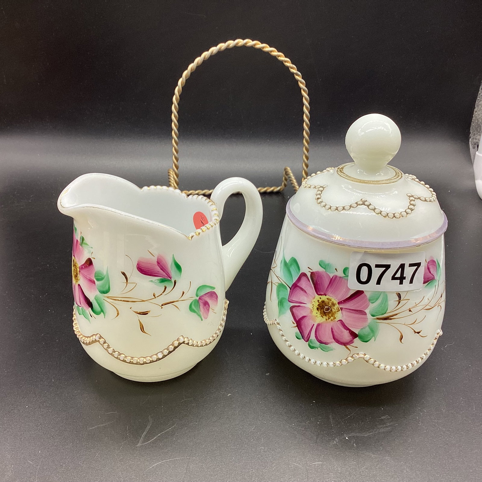 VICTORIAN HAND PAINTED MILK GLASS BEADED SUGAR & CREAMER (1 of 2)
