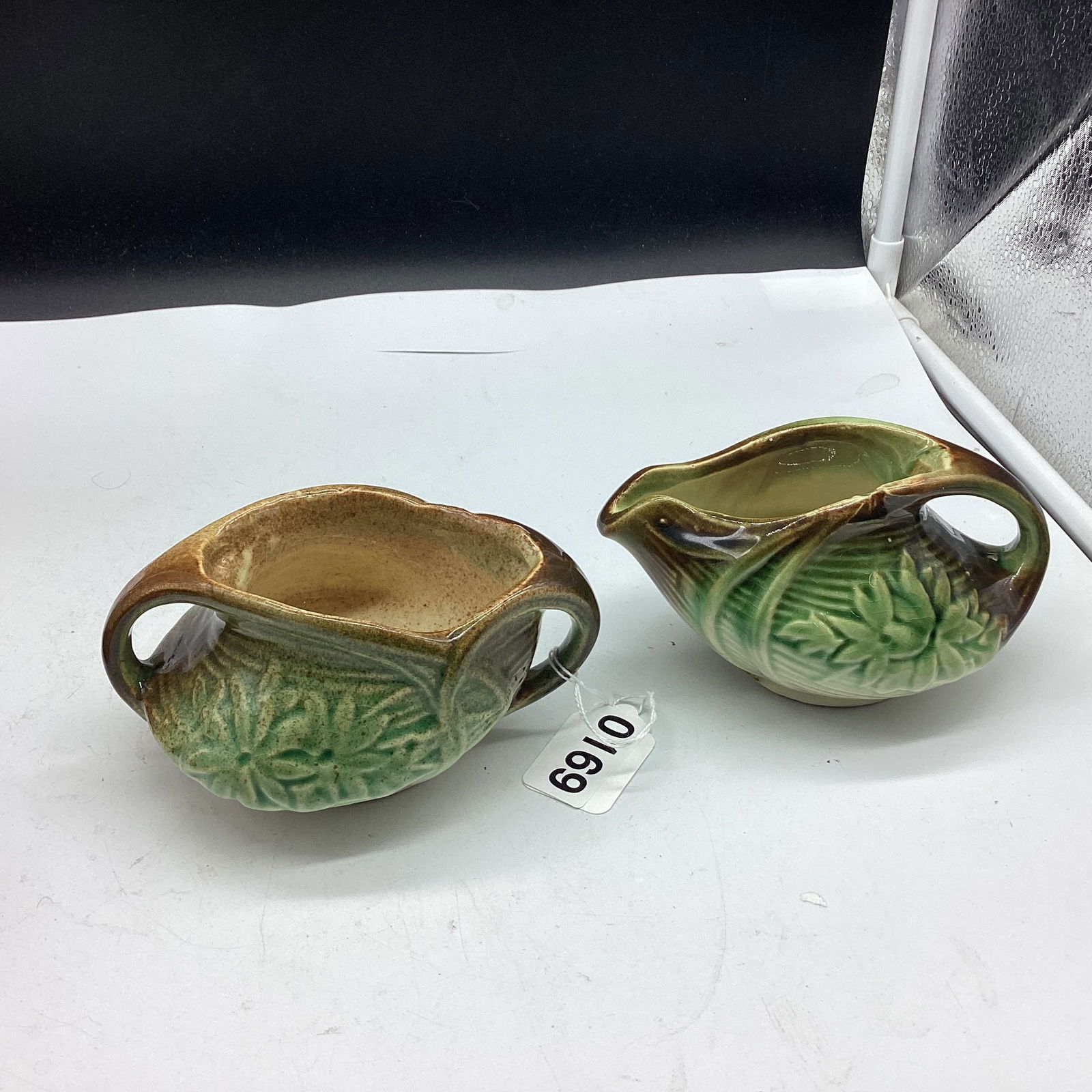 VINTAGE MCCOY SUGAR & CREAMER W/GREEN FLOWERS: GOOD SHAPE