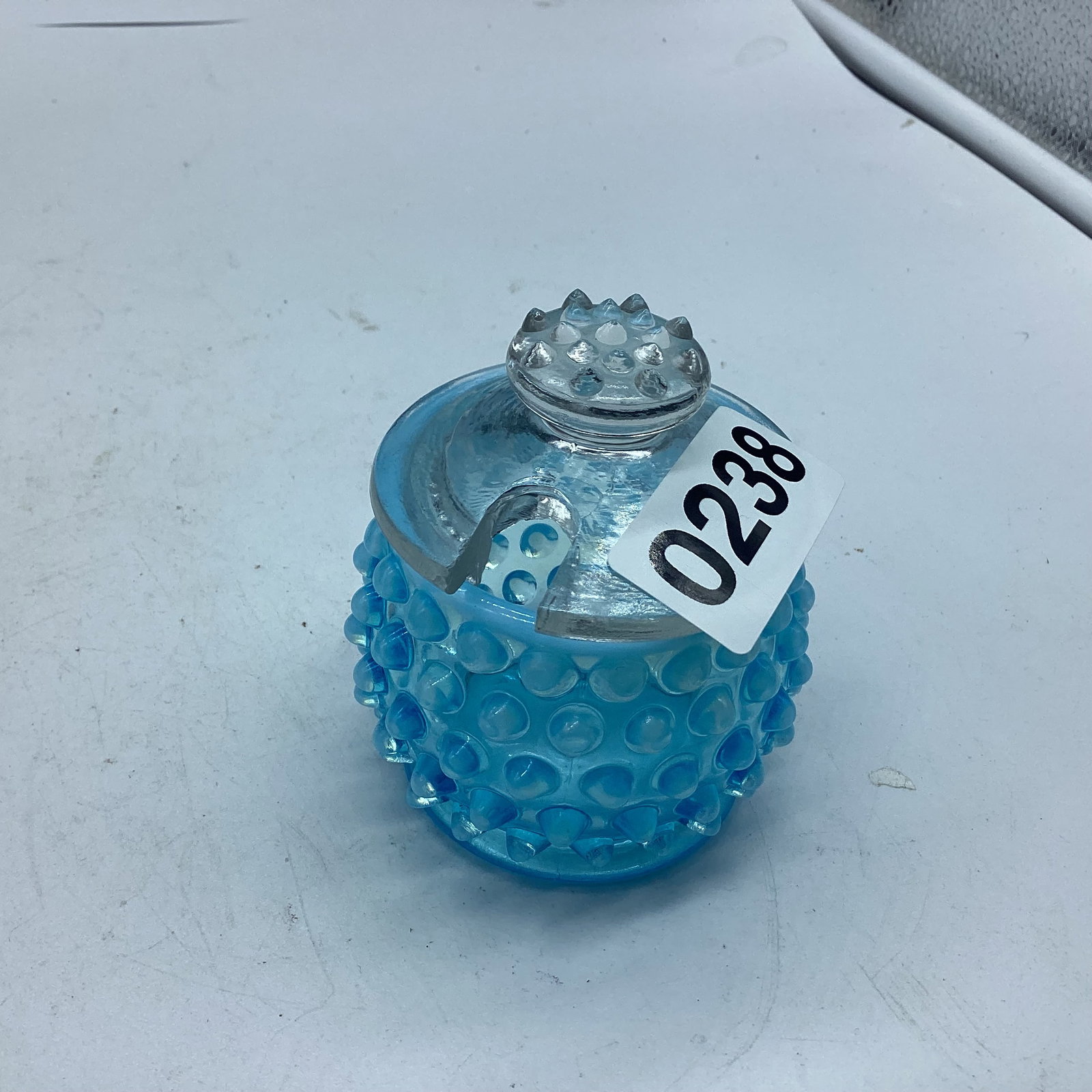 FENTON BLUE OPALESCENT MUSTARD JAR: GOOD SHAPE