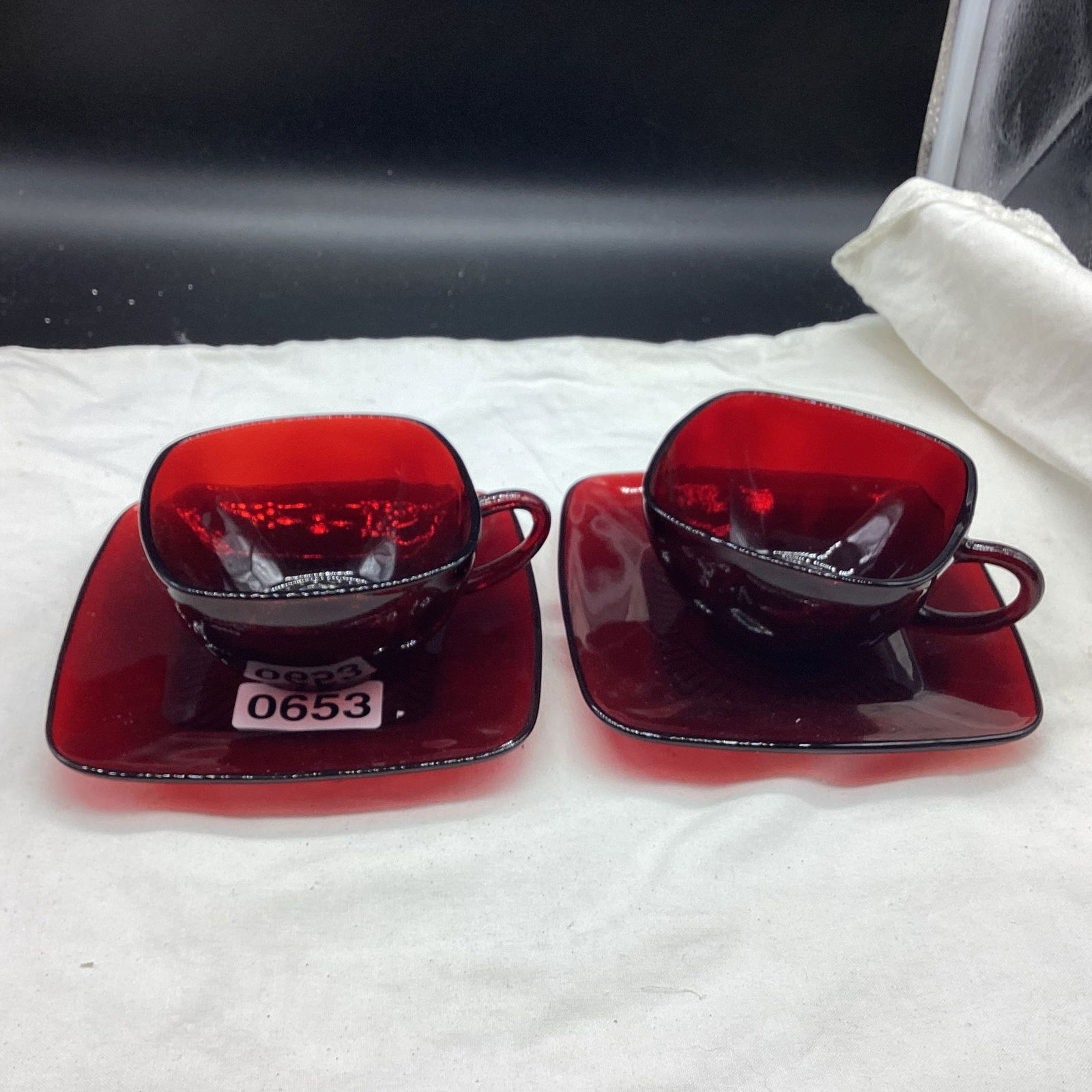 2 DEPRESSION RUBY RED CUP & SAUCERS (1 of 1)