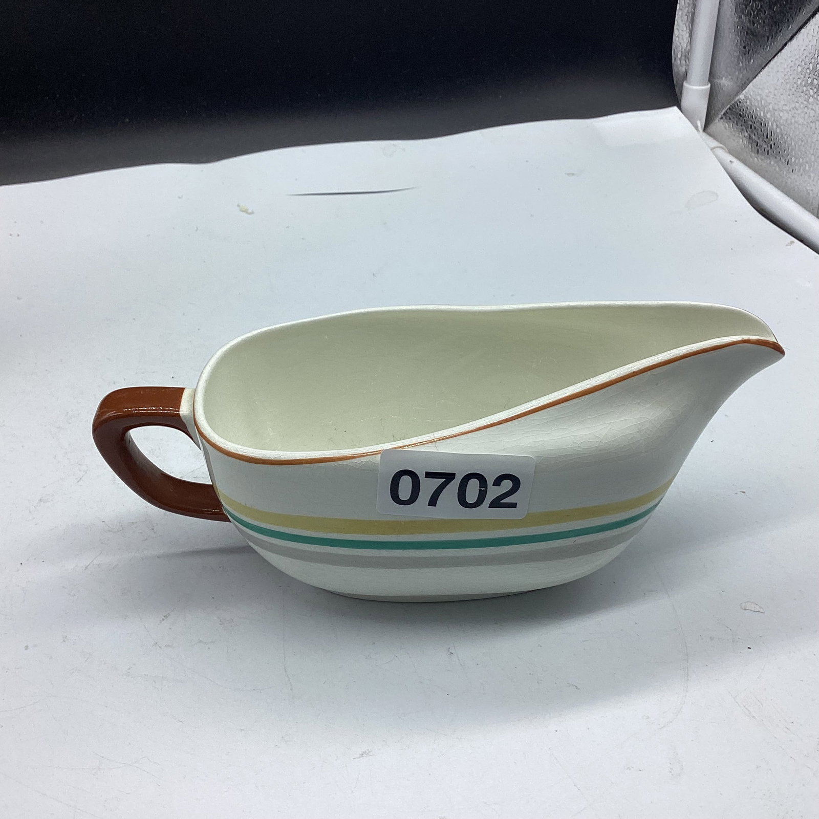 PORCELIAN GRAVY BOAT BY TAYLOR & SMITH: 3 1/2"WX 8 LONG GOOD SHAPE