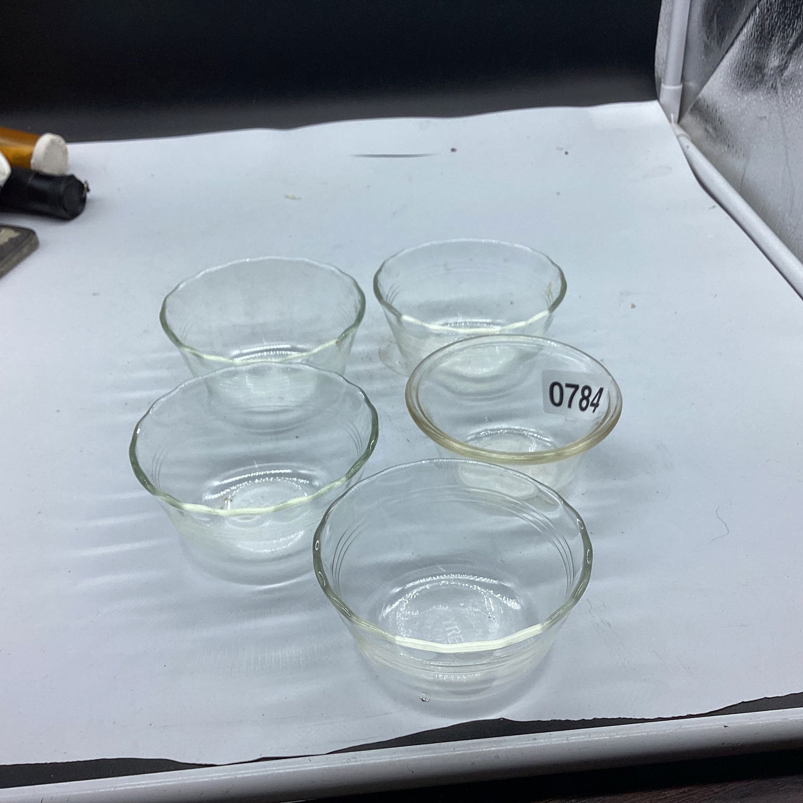 5 SMALL PYREX BOWLS: 3" WIDE GOOD SHAPE