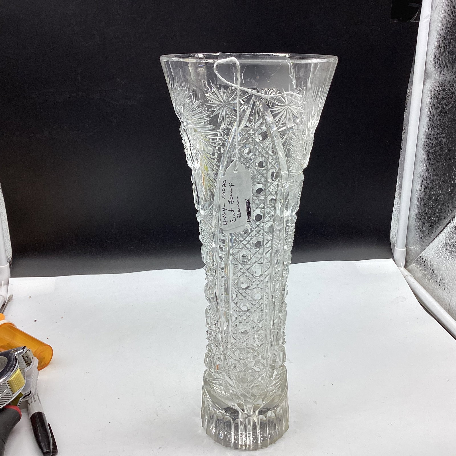 VINTAGE BRILLIANT CUT GLASS LAMP BASE: 12" TALL GOOD SHAPE