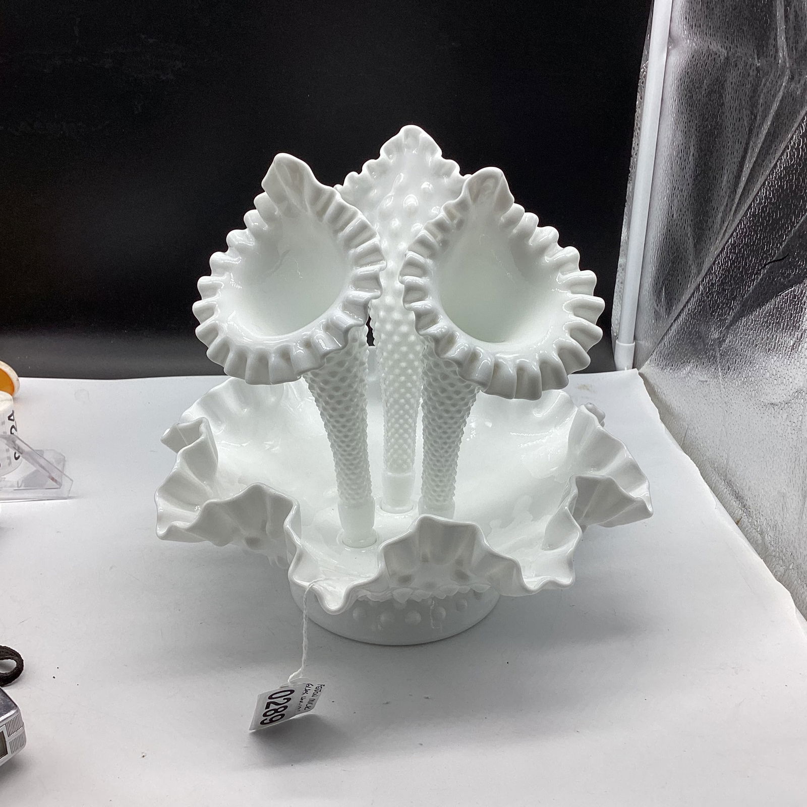 FENTON MILK GLASS HOBNAIL EPERGENE (1 of 2)