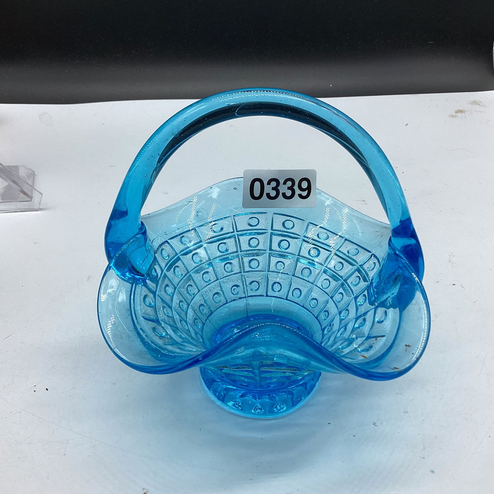 MCM BLUE GLASS BASKET: 5 1/2 X 5 1/2 GOOD SHAPE