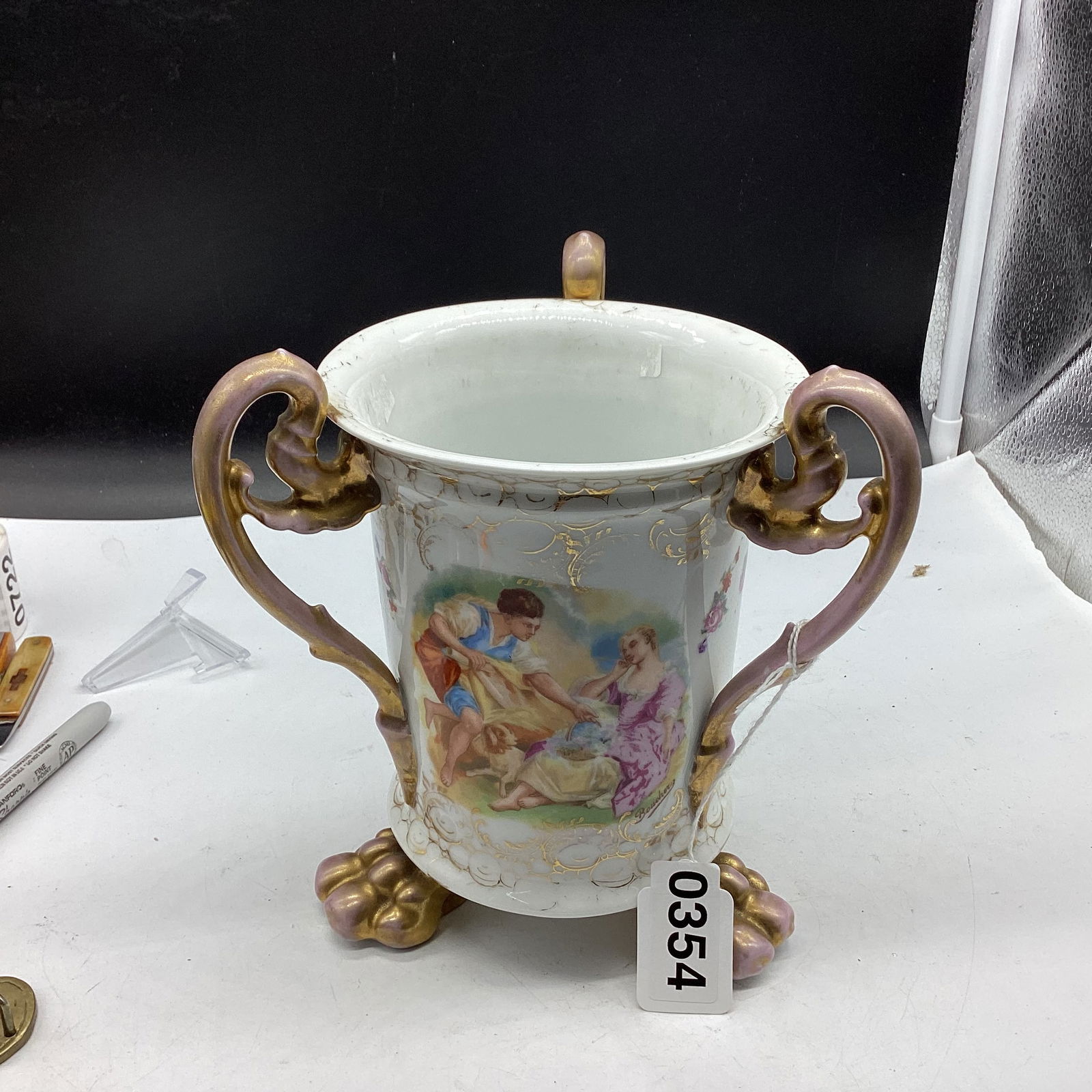 HAND PAINTED PORELIAN 3 HANDLED FOOTED VASE AUSTRIA: 7 1/2" TALL X 5 1/2" WIDE GOOD SHAPE