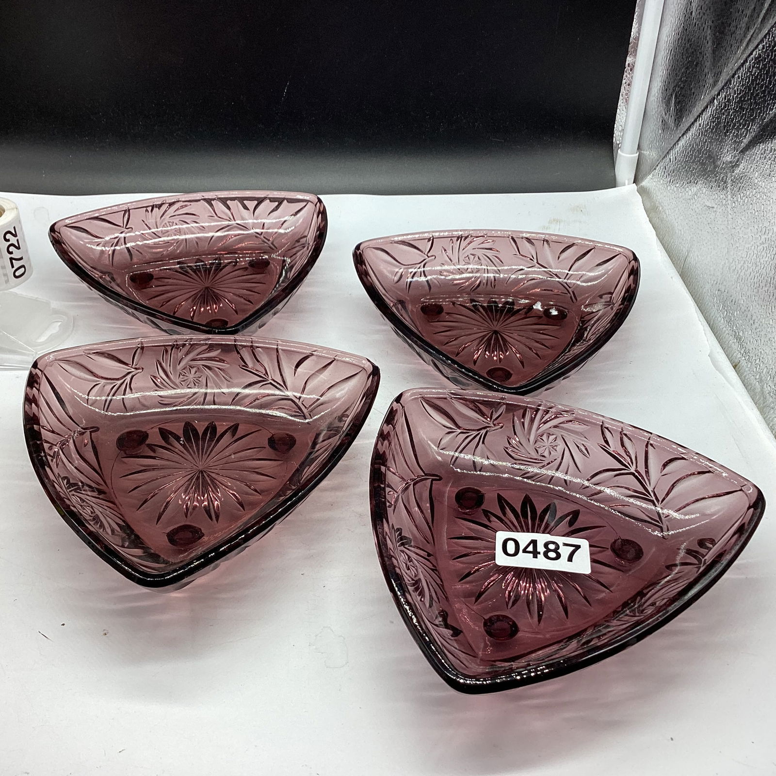 4 HAZEL ATLAS AMETHYST TRINKET DISH: 1 3/4 X 6 1/2 GOOD SHAPE