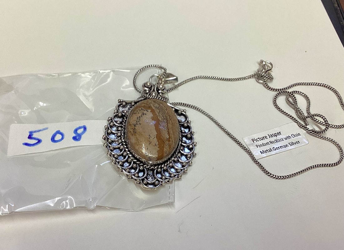 GERMAN SILVER PENDANT NECKLACE JASPER STONE (1 of 1)