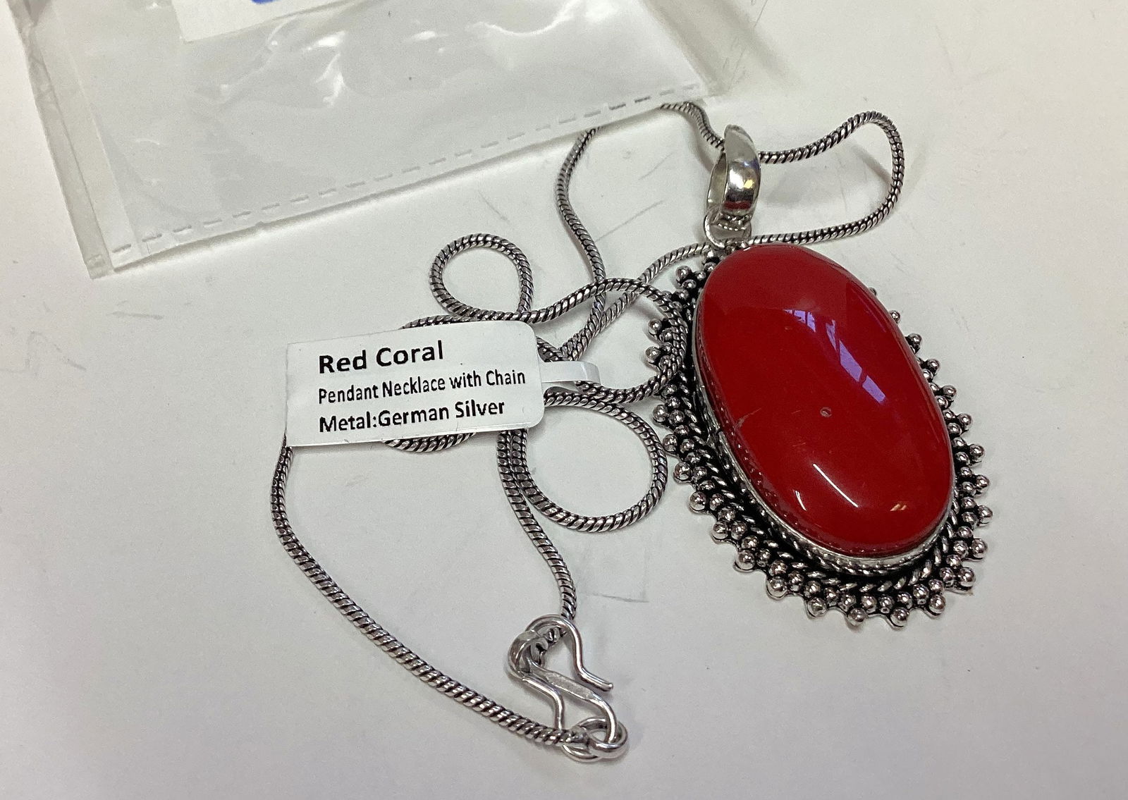 GERMAN SILVER PENDANT NECKLACE RED CORAL STONE (1 of 1)
