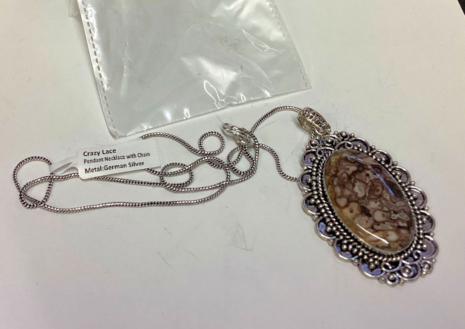GERMAN SILVER PENDANT NECKLACE CRAZY LACE STONE: GOOD SHAPE
