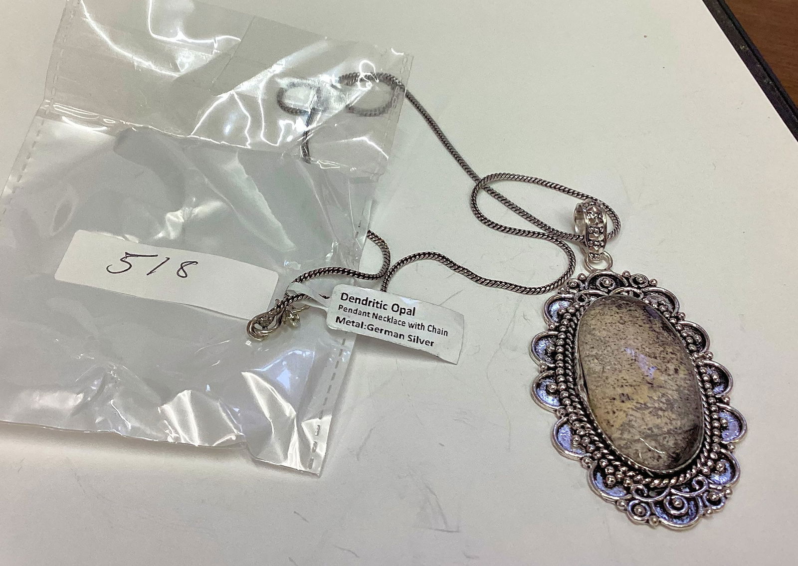 GERMAN SILVER PENDANT NECKLACE PENDRITIC OPAL STONE: GOOD SHAPE