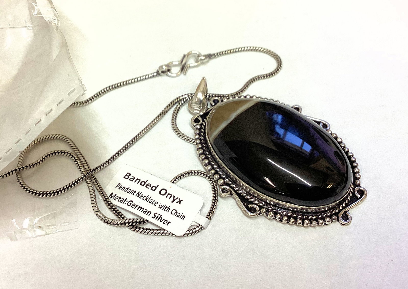 GERMAN SILVER PENDANT NECKLACE BANDED ONYX STONE: GOOD SHAPE