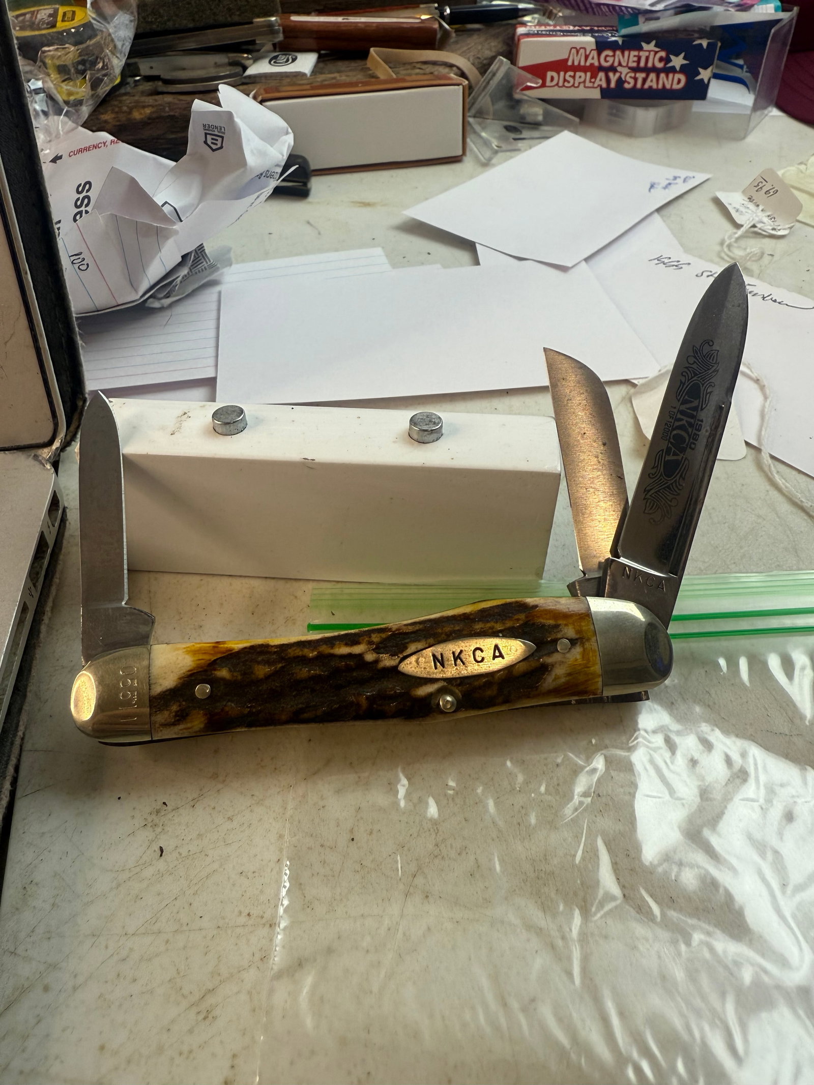 nkca kissing crane large gunstock stag 1980: never used or carried very small carbon spots