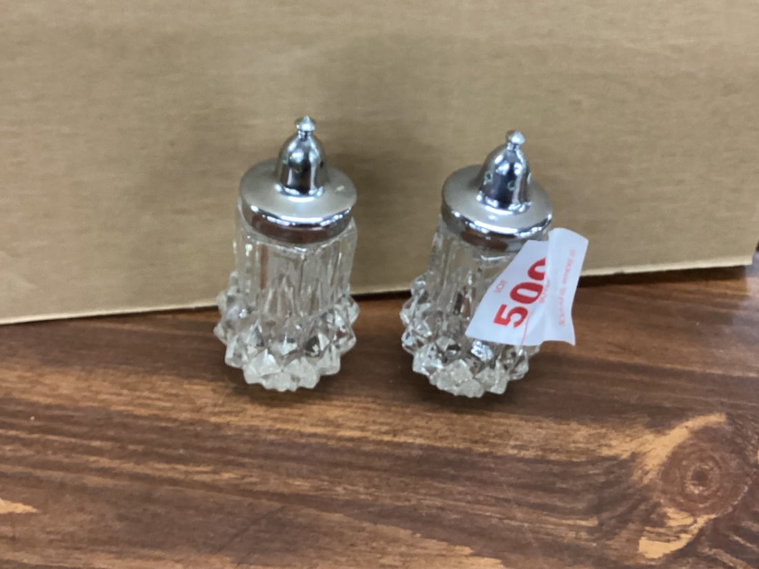 PAIR OF CRYSTAL SALT & PEPPER SHAKERS: 3 1/2" TALL GOOD SHAPE