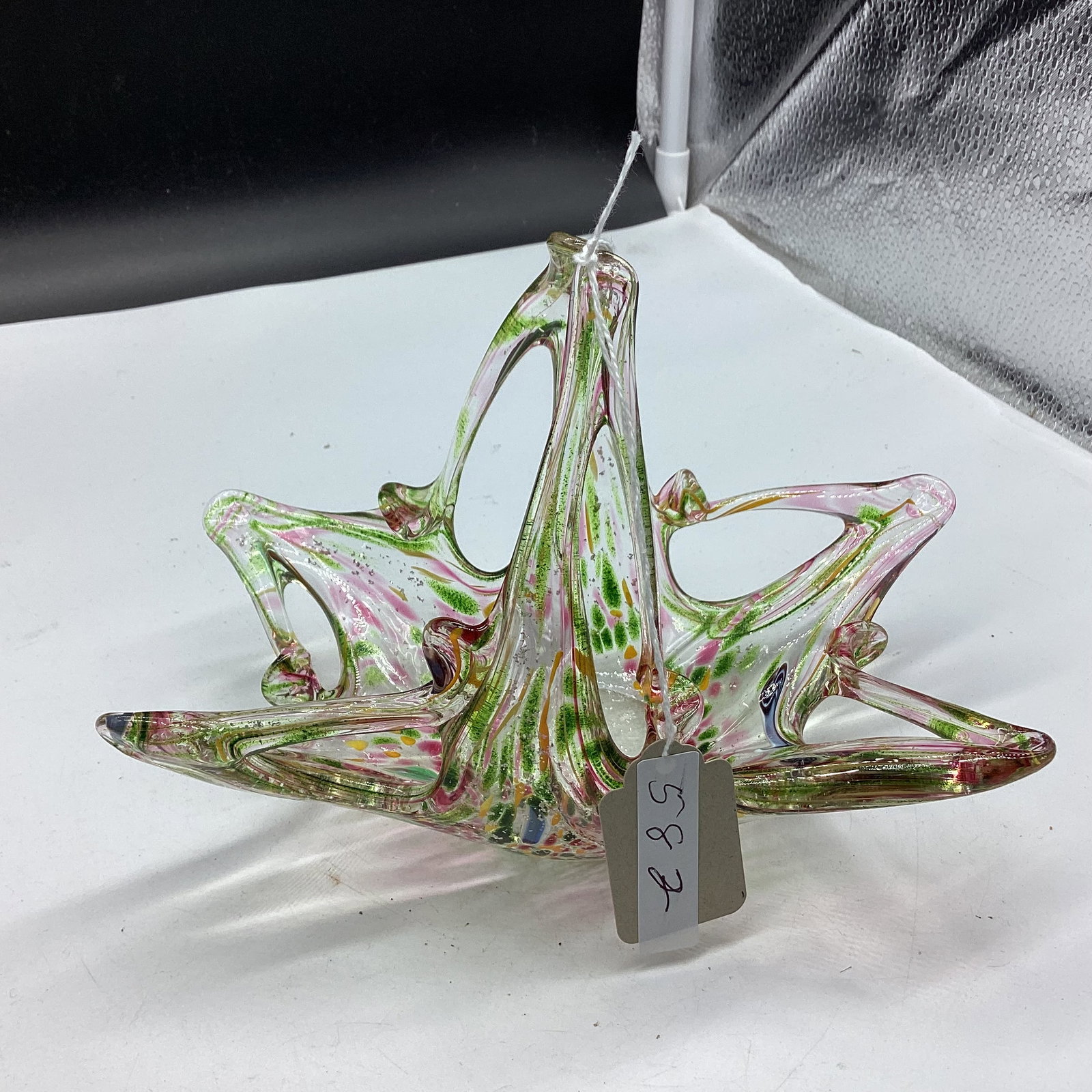 ART GLASS BASKET: 5 X 7 1/2 GOOD SHAPE