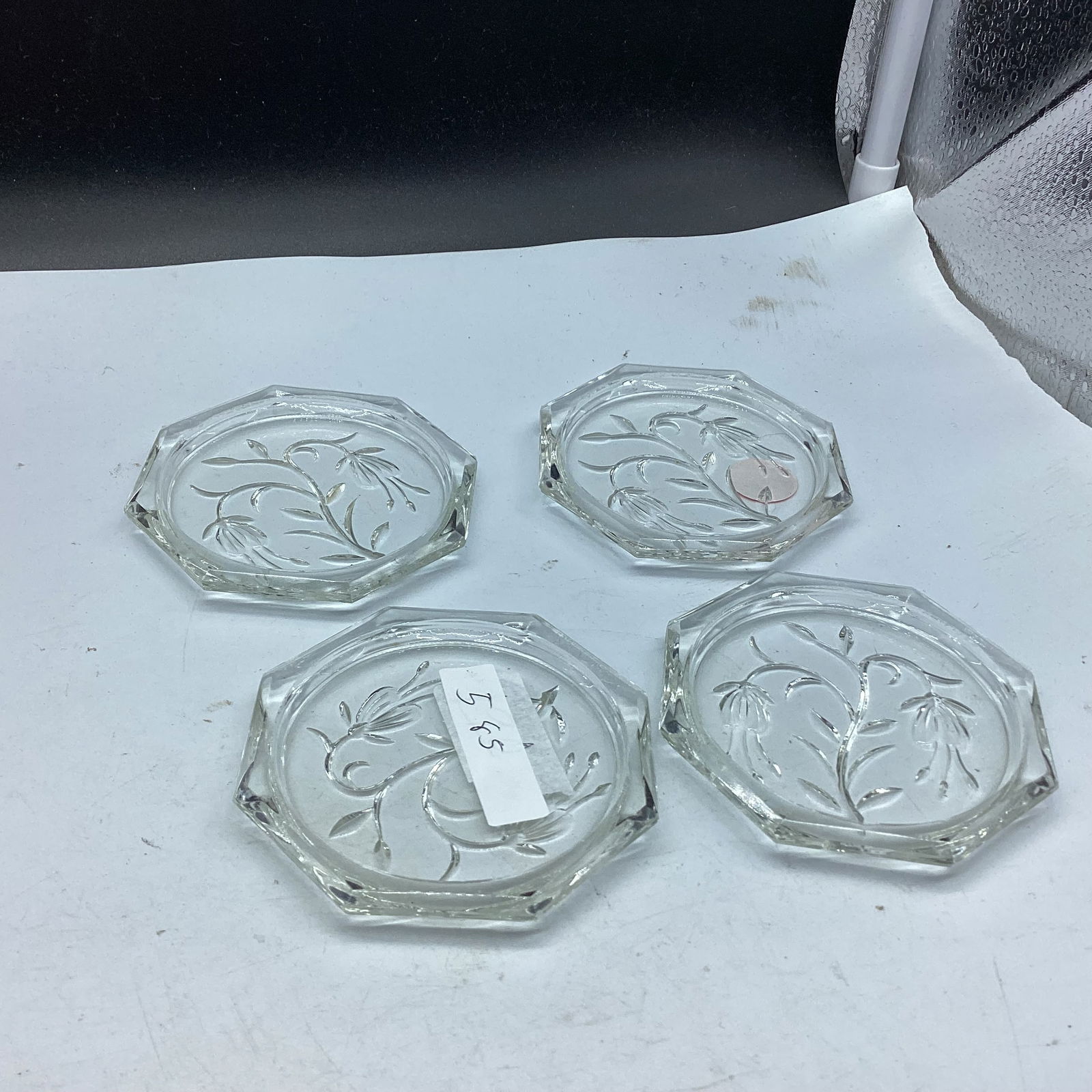 4 CRYSTAL COASTERS: 3 1/2" WIDE GOOD SHAPE