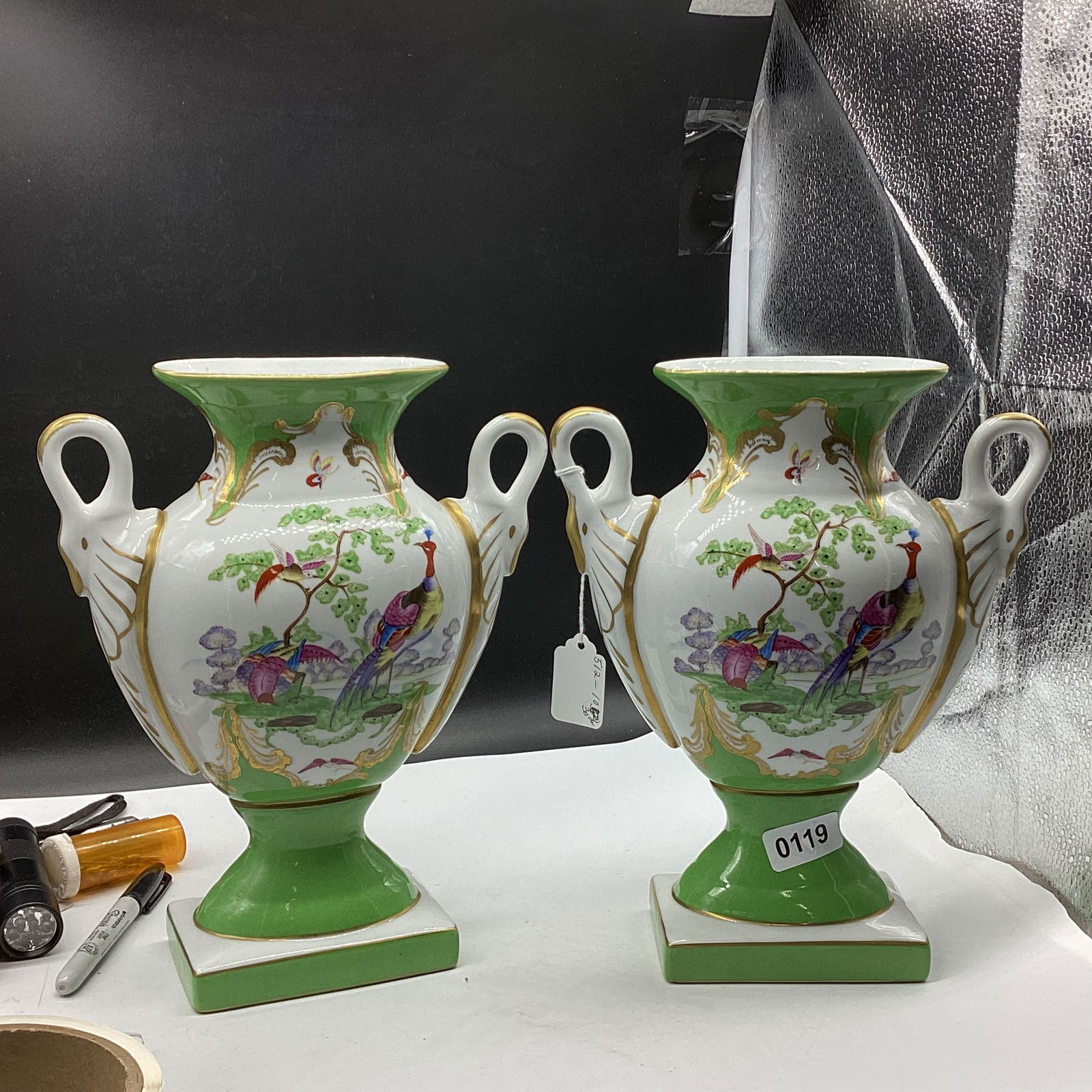 PAIR CHLSEA HOUSE PORCELIAN VASES W/FIGURIAL SWAN HANDLES PEAFOWE DECORATION: 11" T GOOD SHAPE