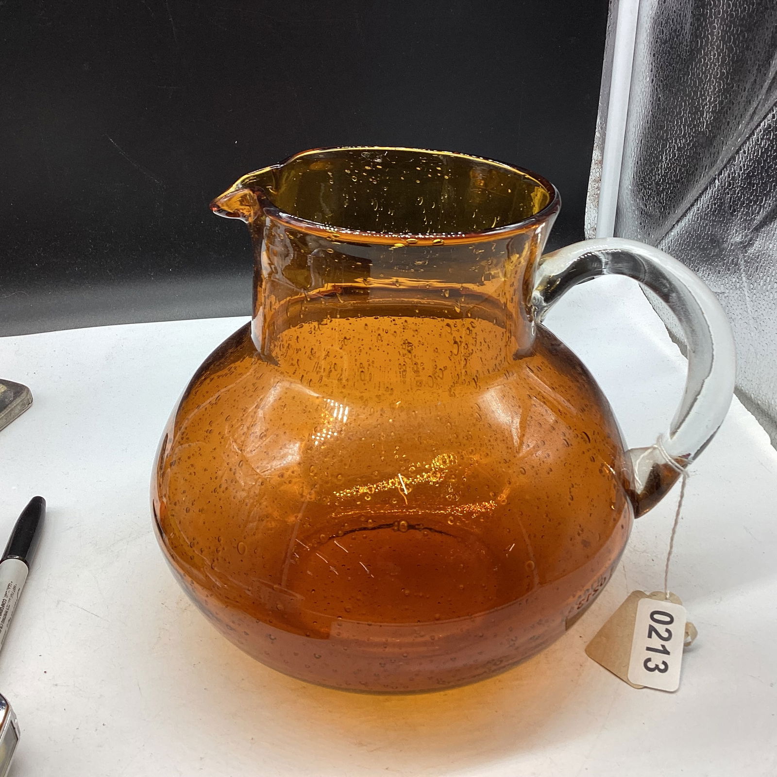 HAND BLOWN  GOLDEN ROD WATER PITCHER W/APPLIED HANDLE (1 of 1)