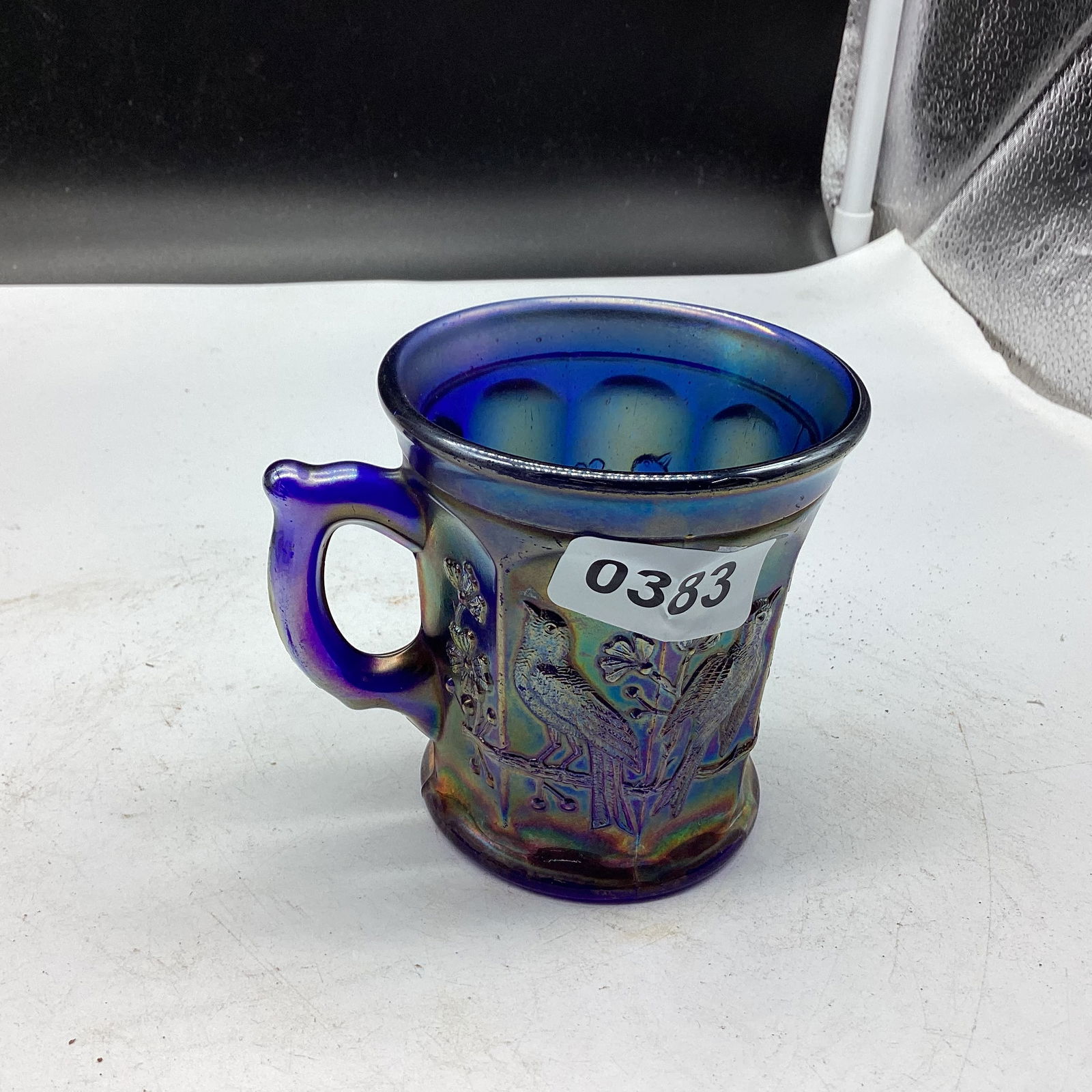 VINTAGE BLUE SINGING BIRD MUG CARNIVAL GLASS: 3 1/2" TALL GOOD SHAPE