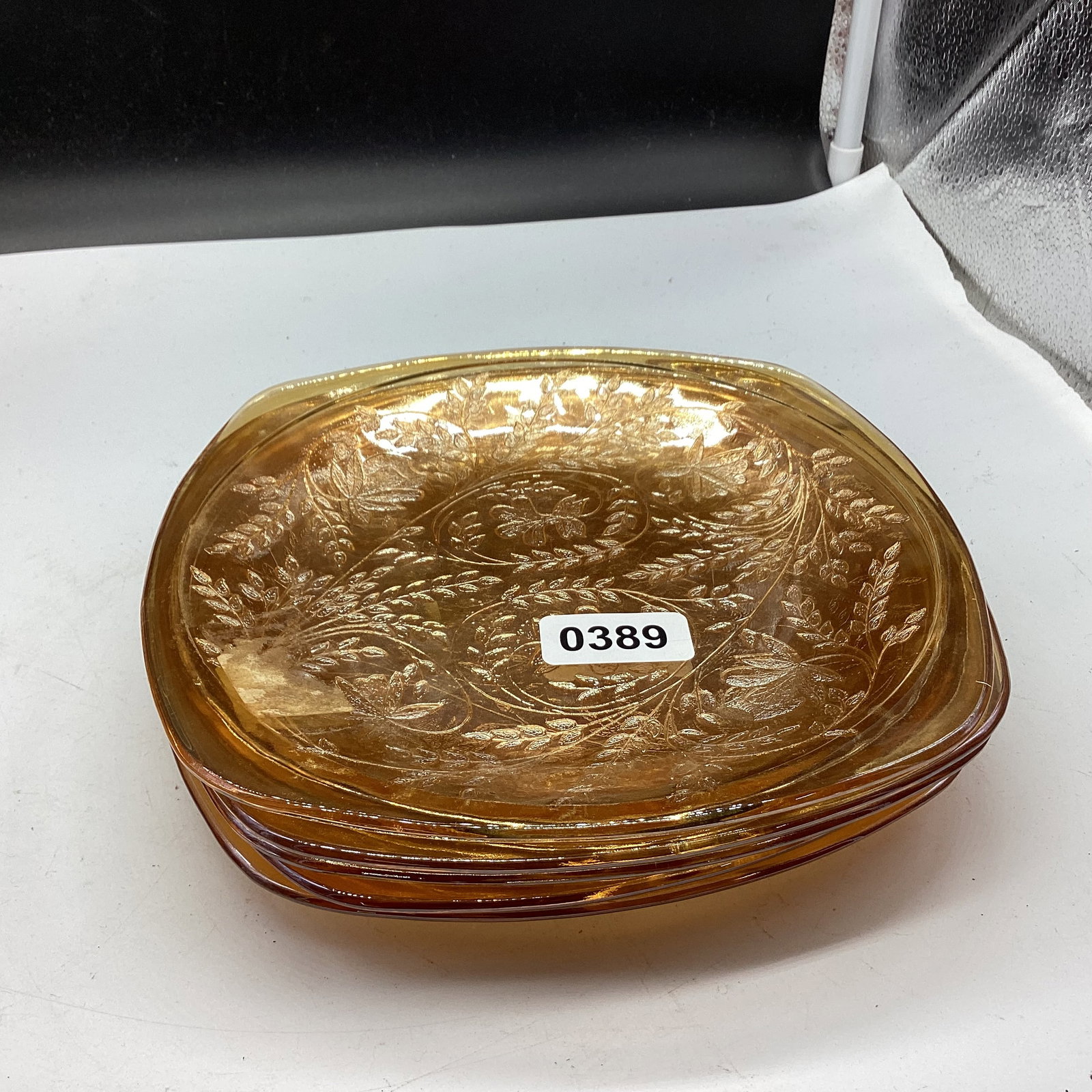 5 DEPRESSION FLORAGOLD SQUARE DINNER PLATES: 8 1/2 WIDE GOOD SHAPE