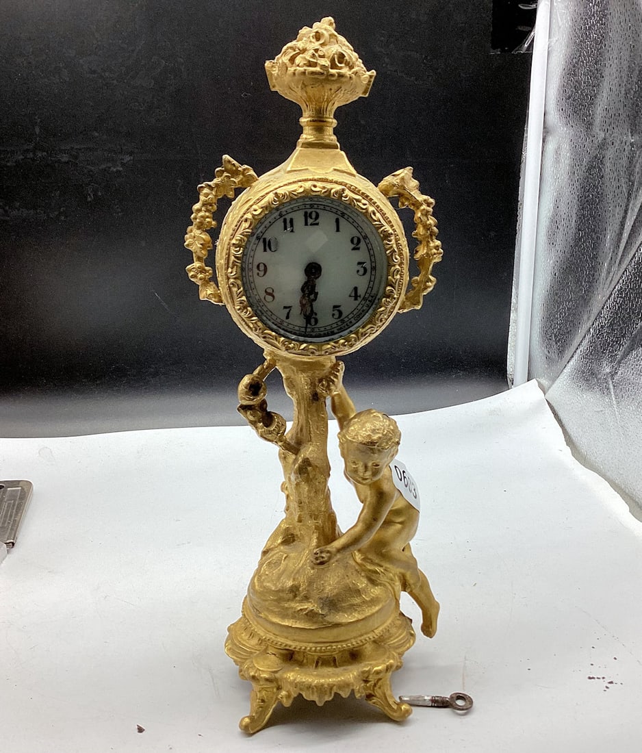 VINTAGE CAST GILT METAL NEW HAVEN CLOCK CO.: 4 3/4 W X13 TALL USED CONDITION