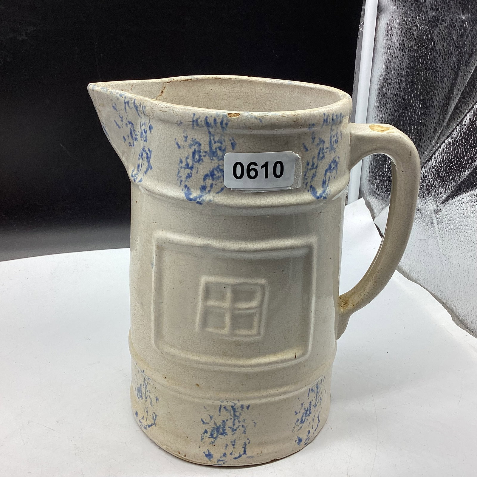 VINTAGE BLUE & WHITE STONEWARE WINDOW PANE & PAW PRINT PITCHER (1 of 3)