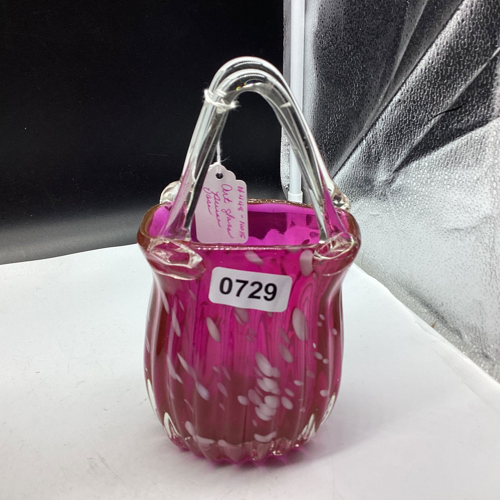 VINTAGE ART GLASS CRANBERRY W/WHITE OPALESCENT HANDLED BASKET (1 of 2)