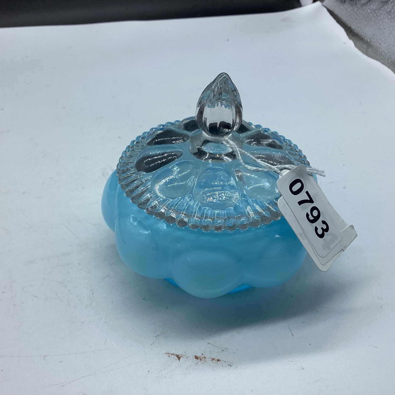 FENTON OPALINE OVERLAY POWDER JAR: 3 3/4 X 4 GOOD SHAPE