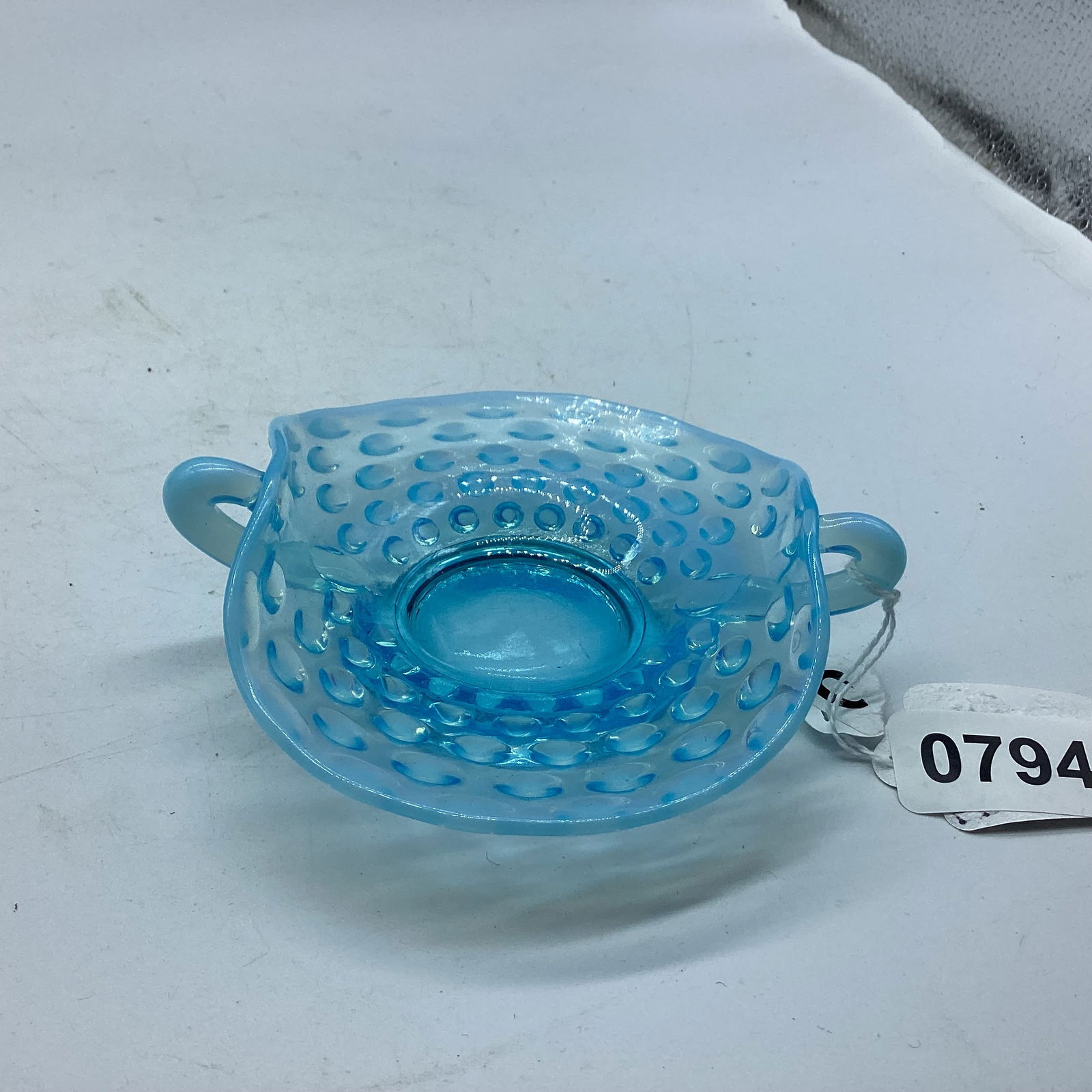 FENTON BLUE OPALASCENT HJOBNAIL DISH: 2" TALL GOOD SHAPE