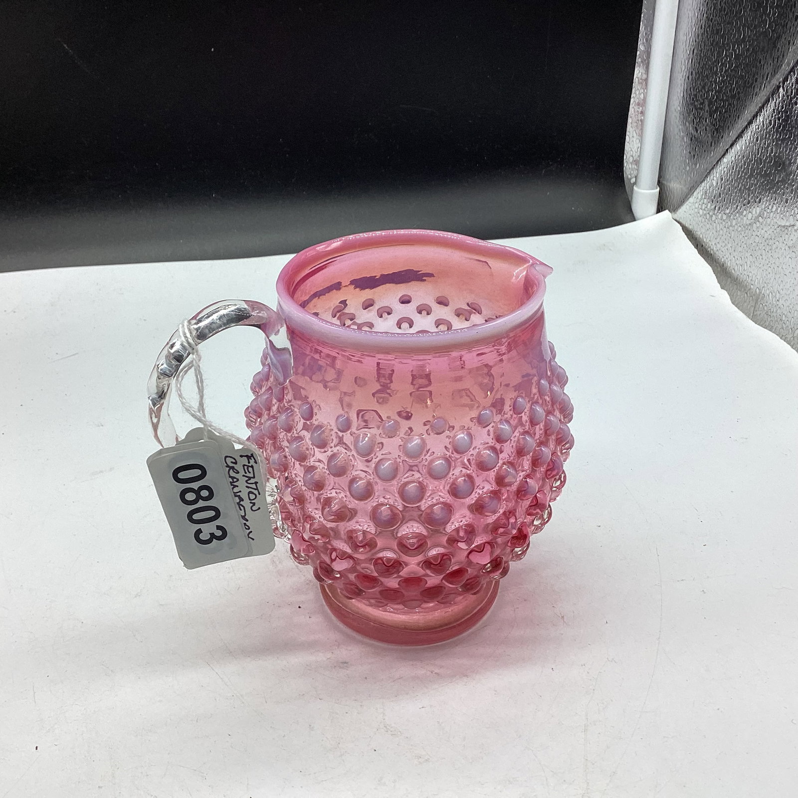 FENTON CRANBERRY HOBNAIL OPALASCENT PITCHER: 4 1/2" TALL GOOD SHAPE