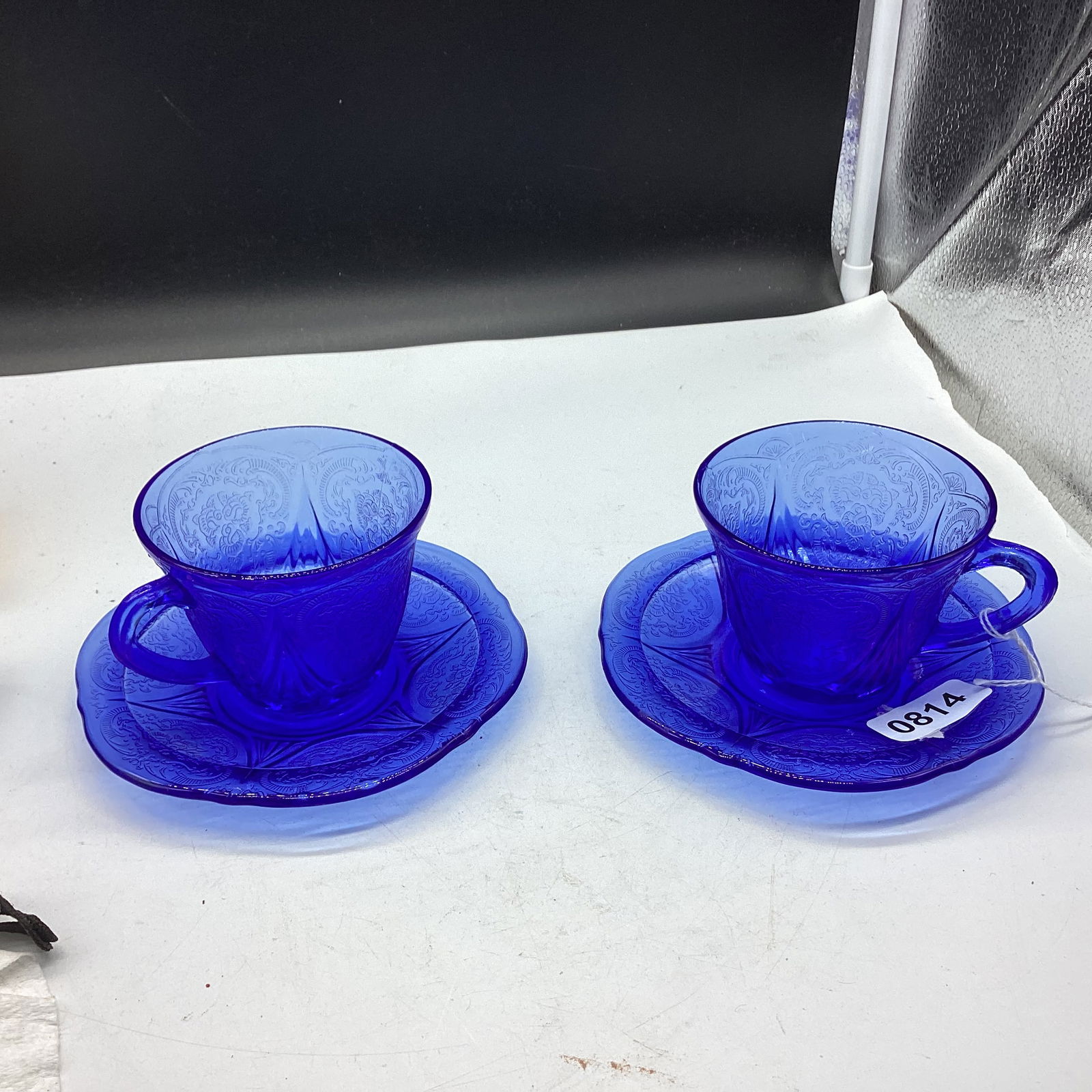 2 DEPRESSION BLUE ROYAL LACE CUP & SAUCERS: GOOD SHAPE