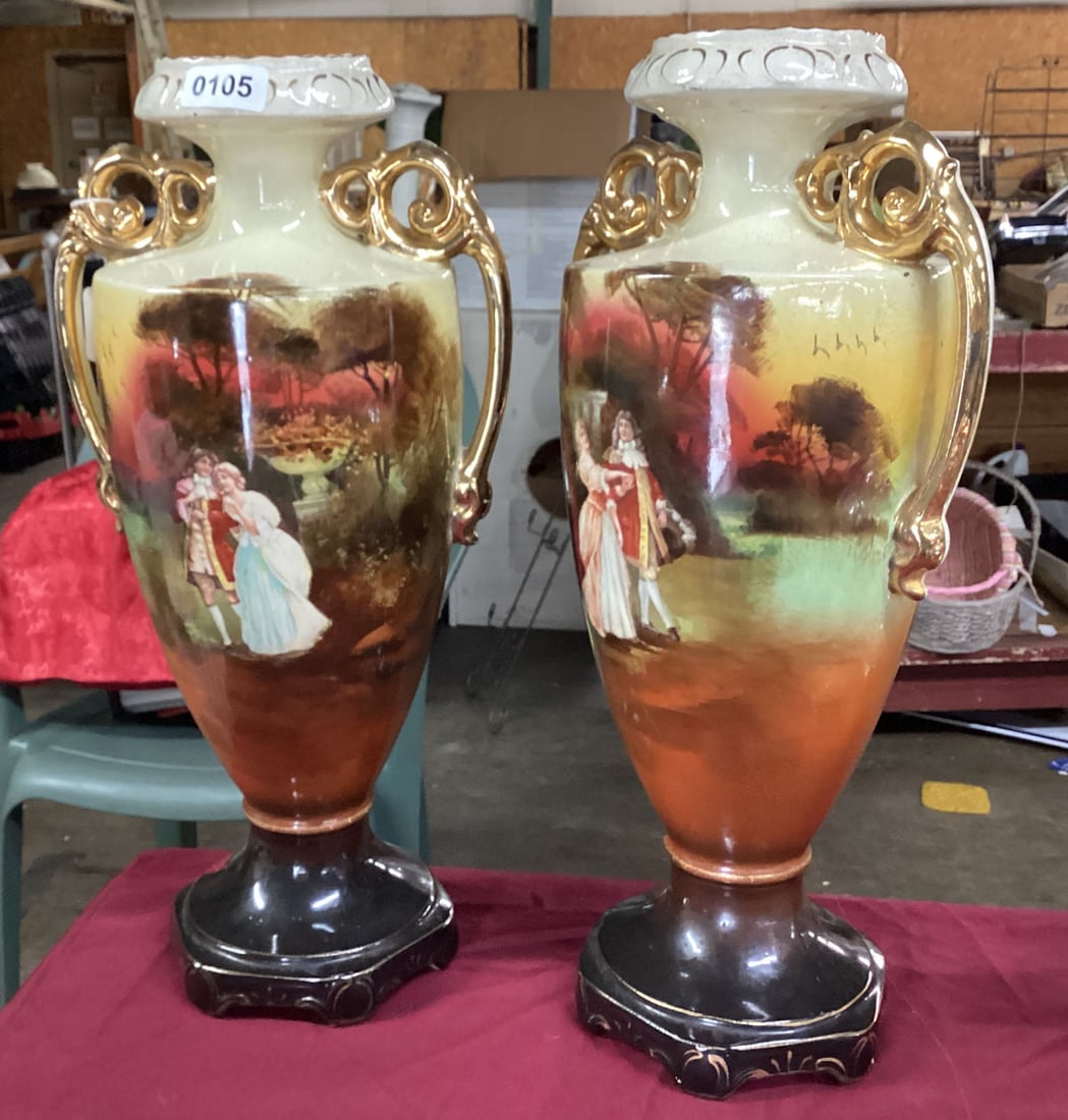 PAIR HAND PAINTED PORCELIAN HANDLED VASES ENGLAND: 19" TALL GOOD SHAPE