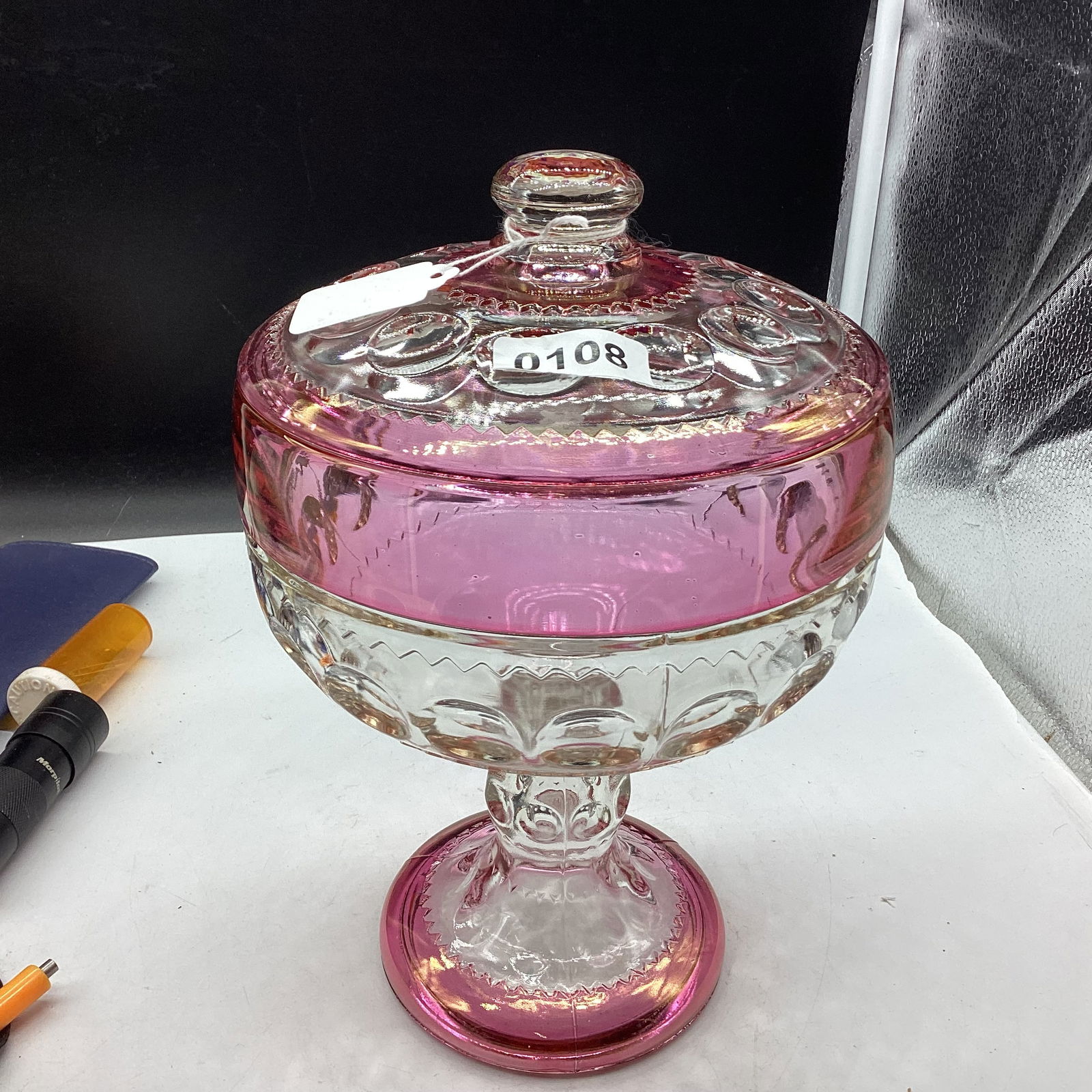 TIFFIN KINGS CROWN CRANBERRY LARGE WEDDING BOWL COMPOTE: 11 1/2" TALL GOOD SHAPE