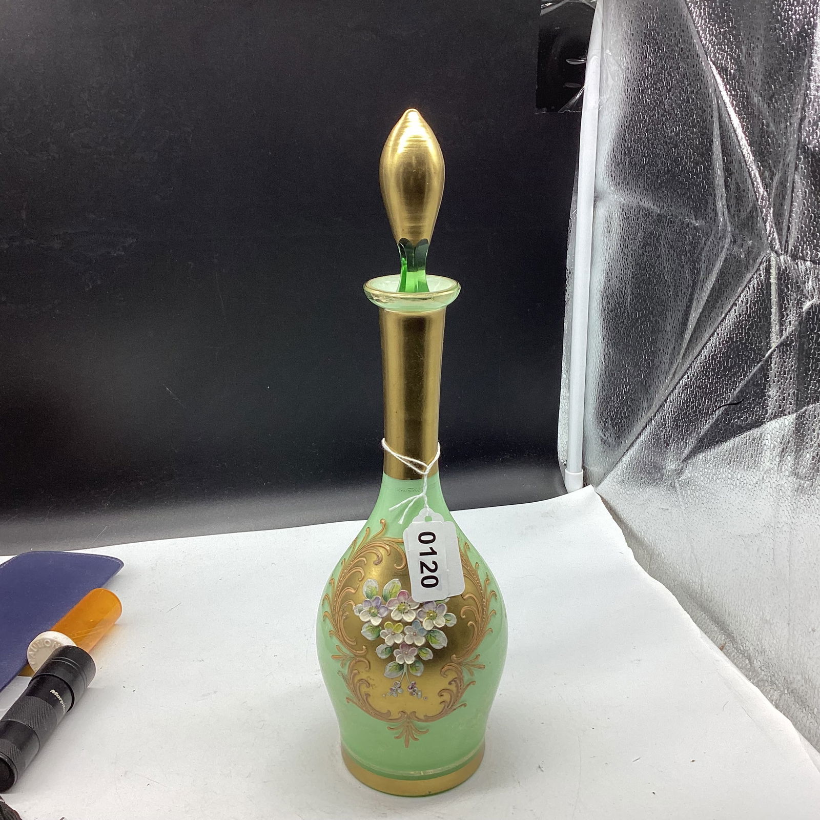 GOLD TRIM HAND PAINTED FLOWES DECANTER MADE IN AUSTRIA: 13 3/4 GOOD SHAPE