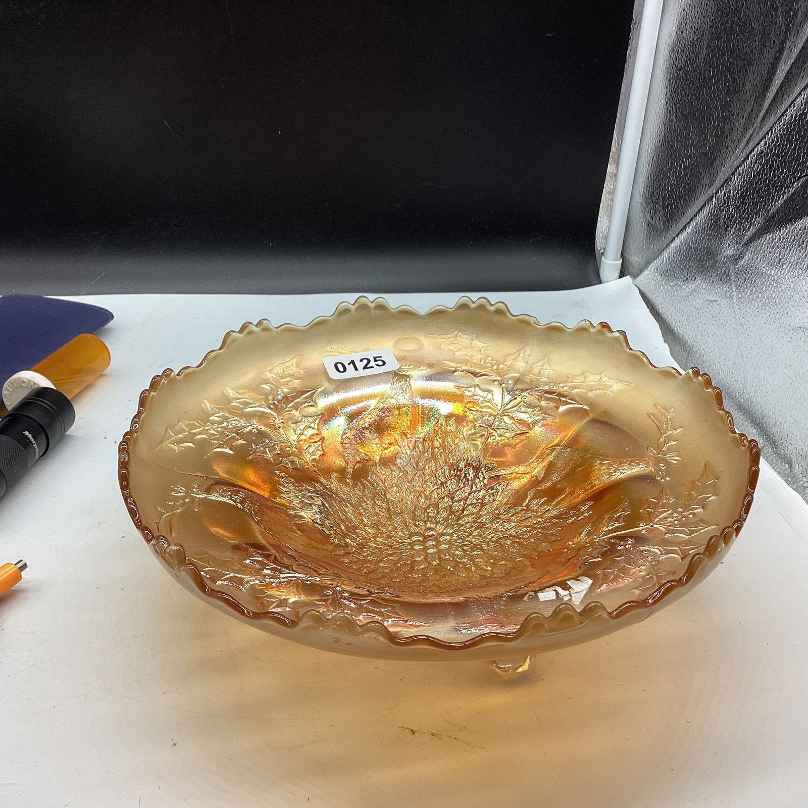 VINTAGE CARNIVAL STAG & HOLLY FOOTED BOWL: 3 3/4 X 10 1/4 GOOD SHAPE