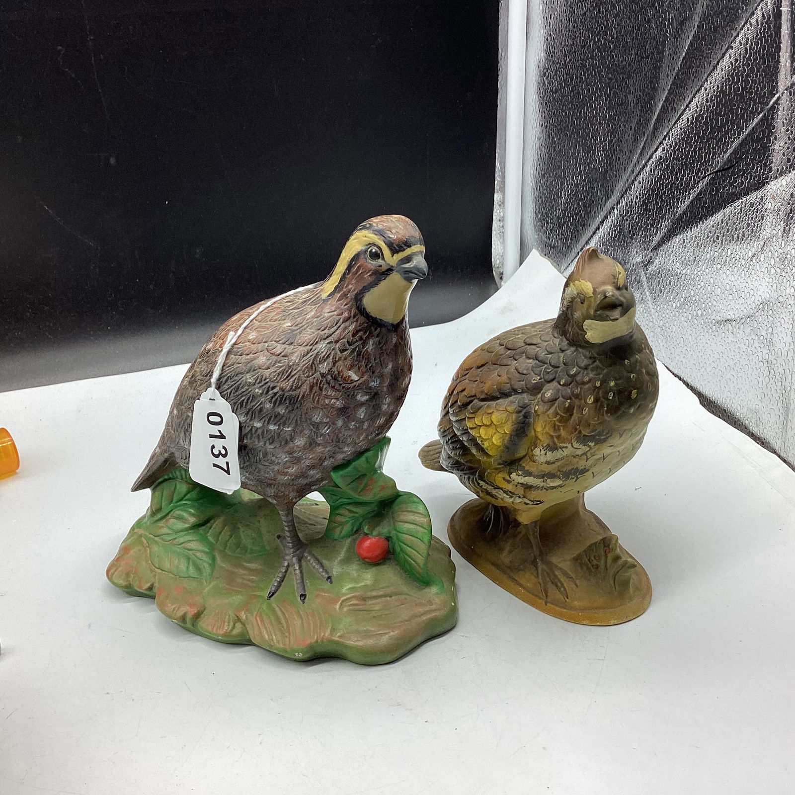 PAIR BOB WHITE QUAIL BIRD FIGURINES: LARGE 7 1/2" T AND SMALL 7" T GOOD SHAPE